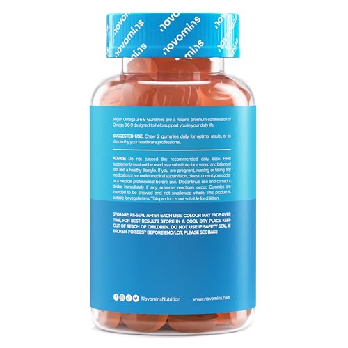 Gommose Omega 3 6 9 - Fornitura 1 Mese – Integratore Multivitaminico per Cuore Mente Occhi - Per Vegani e Vegetariani - Omega 3 6 9 Masticabile – Alternativa Vegan Olio di Pesce - Novomins