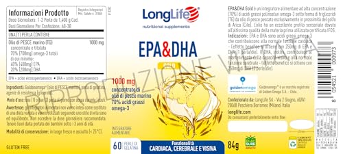 LongLife® EPA&DHA Gold | Alto dosaggio | Olio di pesce 2000mg, omega 3 1400mg, EPA 800mg & DHA 400mg | Certificato IFOS | Benessere cuore, vista, cerebrale | Fino 2 mesi di trattamento | Senza glutine