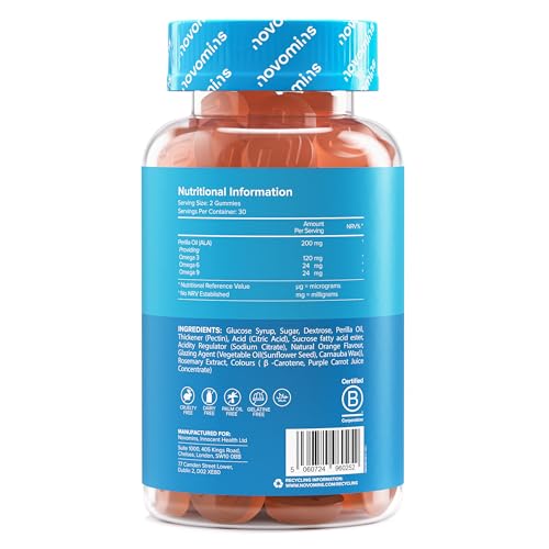 Gommose Omega 3 6 9 - Fornitura 1 Mese – Integratore Multivitaminico per Cuore Mente Occhi - Per Vegani e Vegetariani - Omega 3 6 9 Masticabile – Alternativa Vegan Olio di Pesce - Novomins