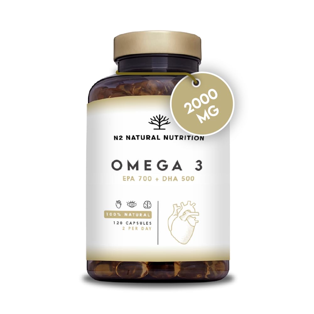 Omega 3 Olio di Pesce 2000 mg. 700 mg EPA e 500 mg DHA Alto Dosaggio. Integratore Omega 3 con Vitamina E. Vista, Cervello e Cuore. 120 Softgel di Fish Oil. N2 Natural Nutrition