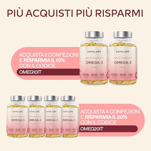 Omega 3 2000mg ad Alto Dosaggio - Olio di Pesce Omega 3 Capsule - Integratore Omega 3 1000mg EPA 500mg DHA per dose giornaliera (2 capsule) - Fish Oil Puro Non-OGM Fonte di Acidi Grassi - 120 softgel