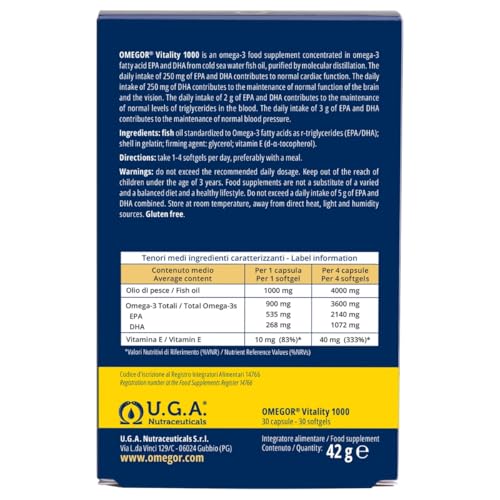 Omega 3 IFOS 5 Stelle OMEGOR Vitality 1000 - Omega3 EPA 535mg e DHA 268 mg - 30 Capsule Senza Retrogusto e Facili da Digerire