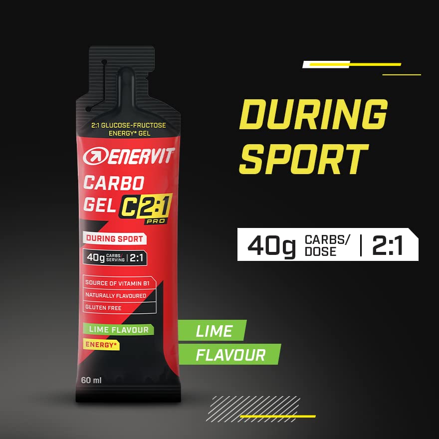 Enervit, Carbo Gel C2:1PRO Lime, Gel Energetico, 40g di Carboidrati, Per Attività ad Alta Intensità, +50% di Carboidrati Assorbiti, Gusto Lime, Senza Glutine, Alta Digeribilità, Vegan, 7 Pack da 60ml