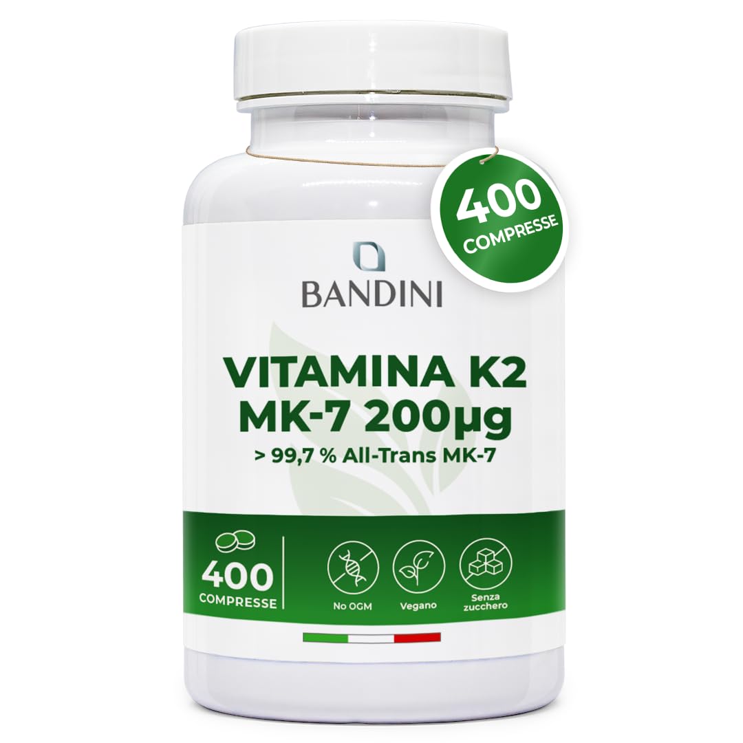 Bandini® Vitamina K2 MK7 200µg | 400 Compresse | Menachinone ad Alto Dosaggio | Vit K 2 MK-7 200 mcg | Contribuisce al Mantenimento di Ossa Normali, 100% Vegan, Senza OGM | Vitamina K Qualità Italiana