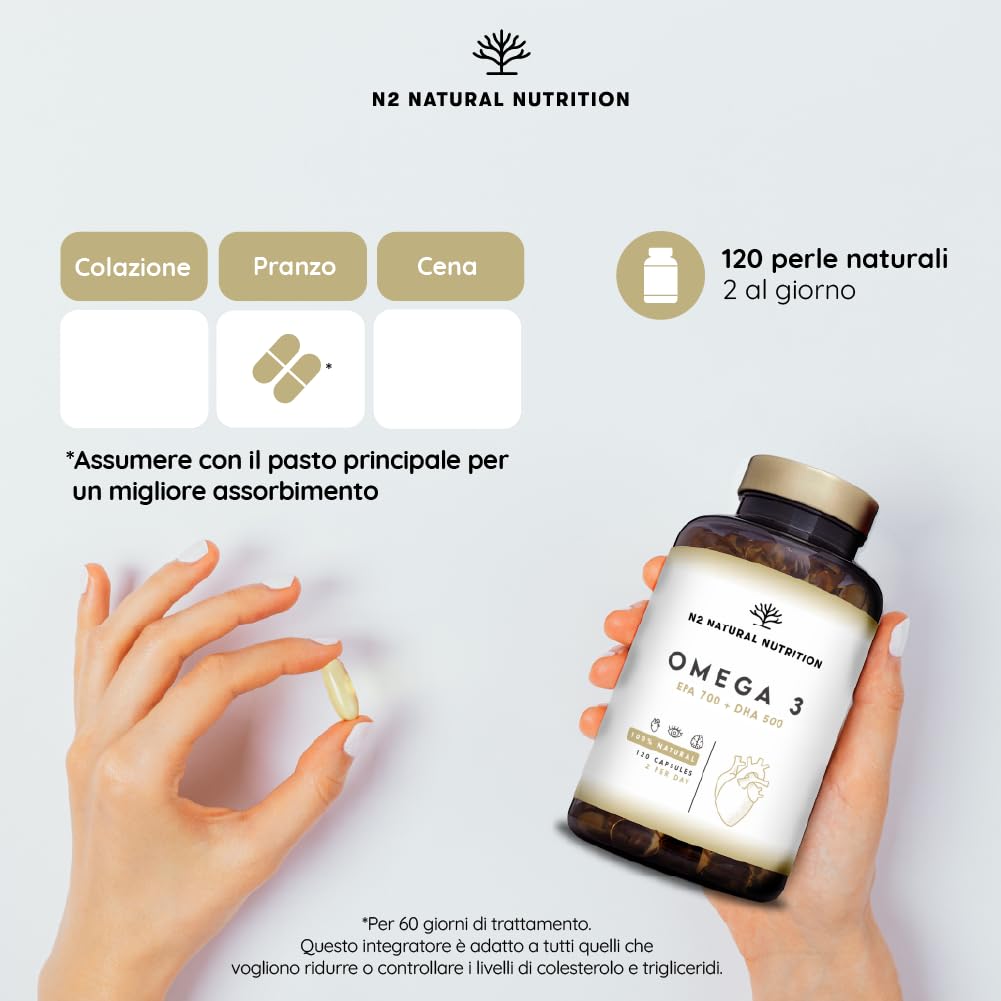 Omega 3 Olio di Pesce 2000 mg. 700 mg EPA e 500 mg DHA Alto Dosaggio. Integratore Omega 3 con Vitamina E. Vista, Cervello e Cuore. 120 Softgel di Fish Oil. N2 Natural Nutrition