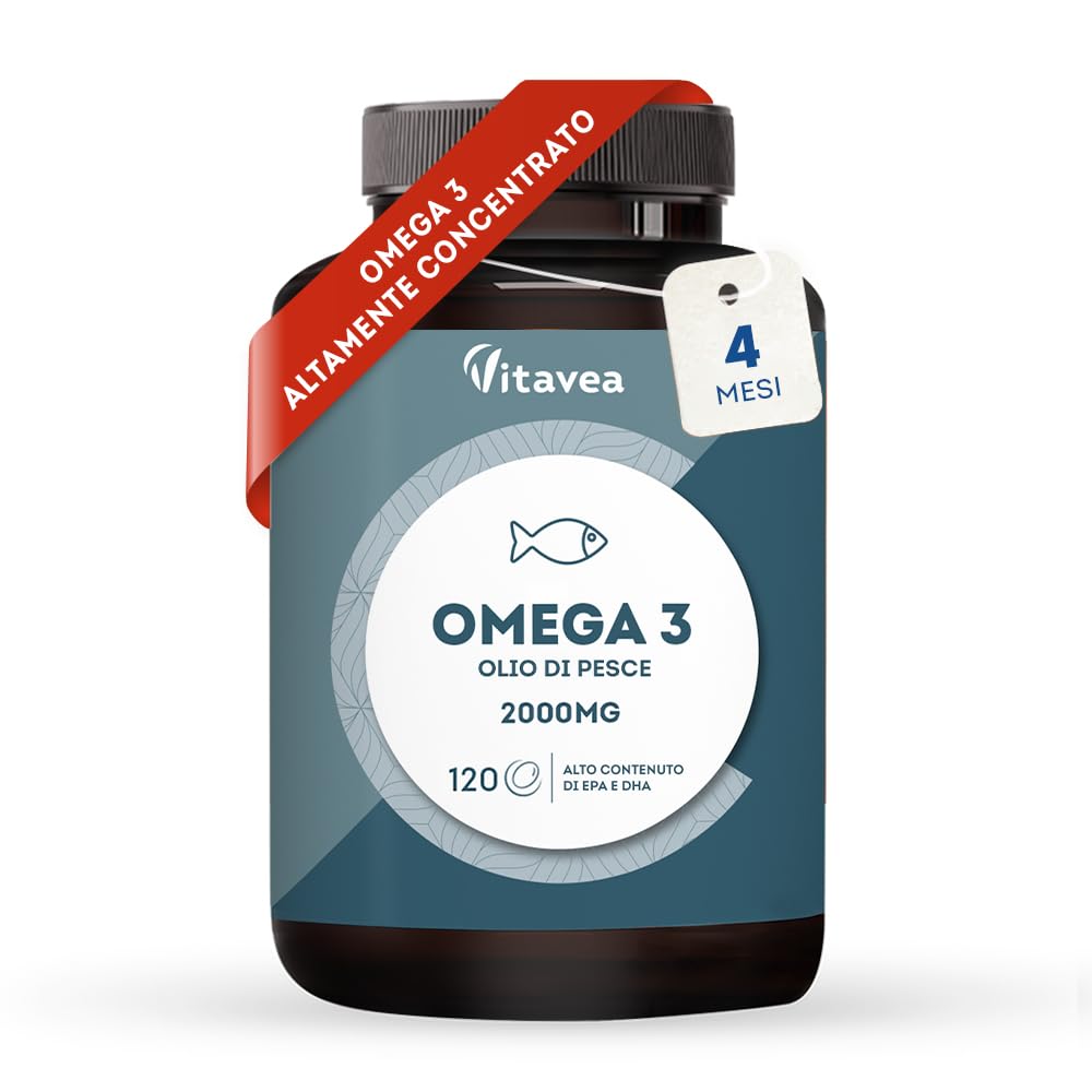 Omega 3 Olio di Pesce con 1000 mg EPA e 500 mg DHA - Alto Dosaggio Quotidiano - Senza Retrogusto - 2000 mg Olio di Pesce - 120 Capsule Softgel - Integratore Omega 3 e Acidi Grassi Essenziali EPA DHA