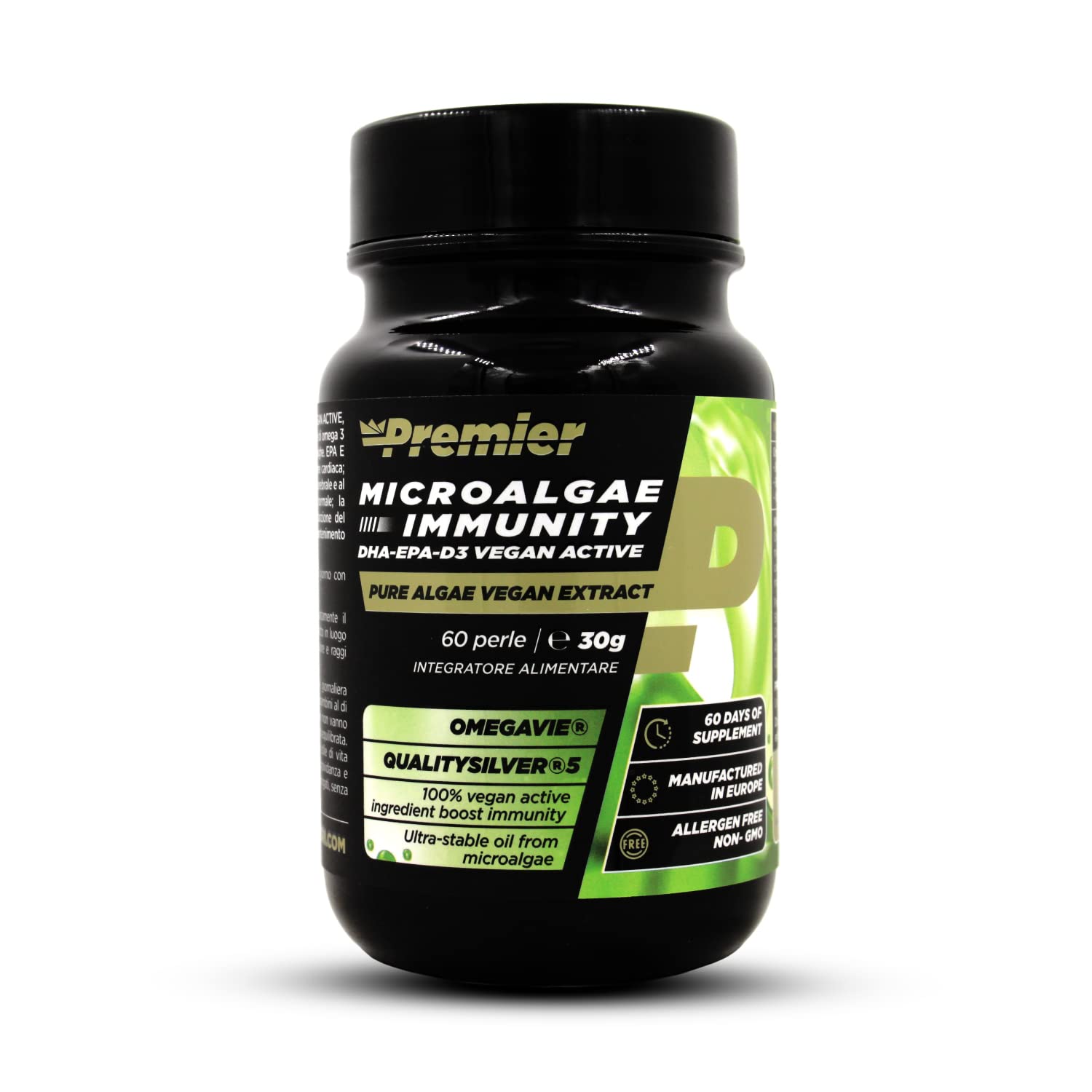 Premier Integratori Microalgae Immunity DHA EPA D3 Vegan Active - 60 perle | Integratore alimentare in perle di omega 3 epa-dha e vitamina d3 ottenuto da microalghe. 100% vegetale