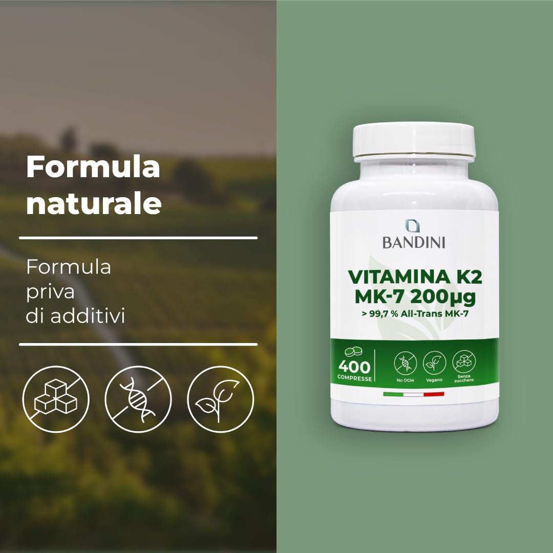 Bandini® Vitamina K2 MK7 200µg | 400 Compresse | Menachinone ad Alto Dosaggio | Vit K 2 MK-7 200 mcg | Contribuisce al Mantenimento di Ossa Normali, 100% Vegan, Senza OGM | Vitamina K Qualità Italiana