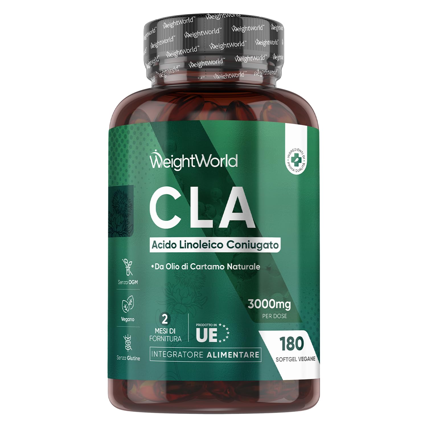 CLA da 3000mg per Dose, 180 Softgel Vegane, 80% di Acido Linoleico Coniugato, Estratto da Olio di Cartamo Naturale (Safflower Oil), CLA Integratore Alimentare Senza Glutine, né Lattosio né Allergeni