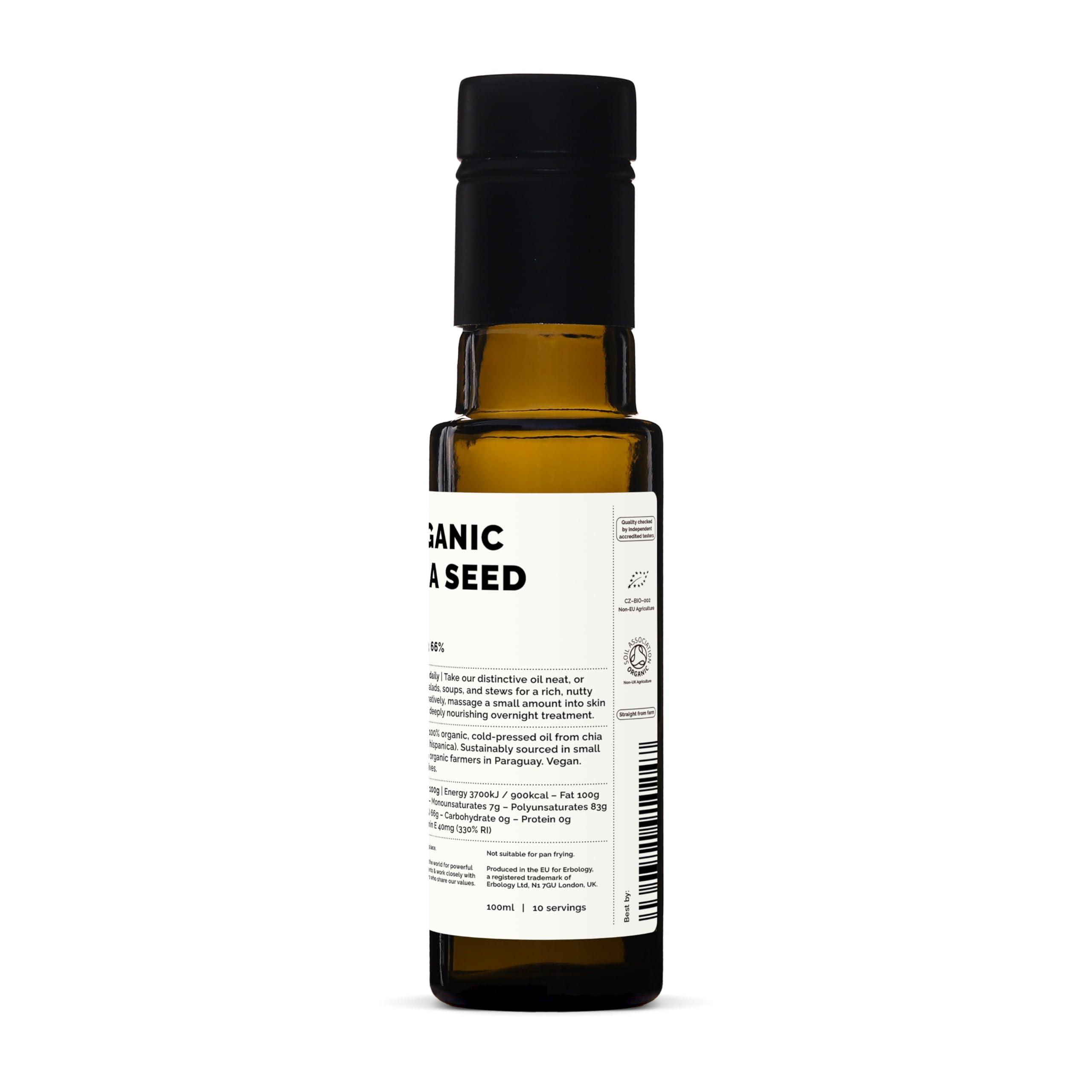 Erbology Olio di Semi di Chia Bio 100ml - Spremuto a Freddo - Ricco di Omega-3 (66%) e Vitamina E (330% VNR) - Direttamente dalla Fattoria - Senza OGM - Senza Additivi o Conservanti