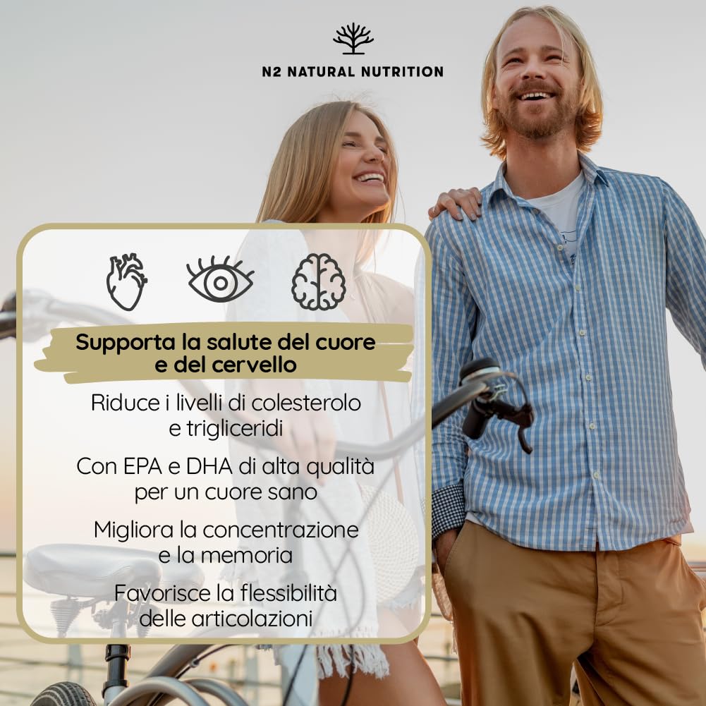 Omega 3 Olio di Pesce 2000 mg. 700 mg EPA e 500 mg DHA Alto Dosaggio. Integratore Omega 3 con Vitamina E. Vista, Cervello e Cuore. 120 Softgel di Fish Oil. N2 Natural Nutrition