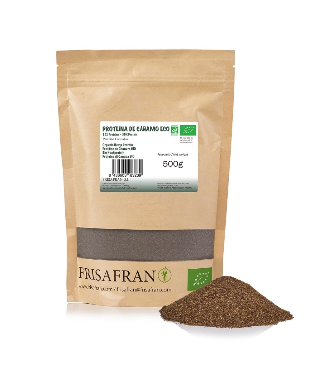 FRISAFRAN | Proteine della Canapa in Polvere Bio 500g | Proteine Vegetali-Grezza | Canapa macinata | Supercibo | Omega 3 | vegano | Senza glutine-additivi | polvere proteica | Salato | piselli