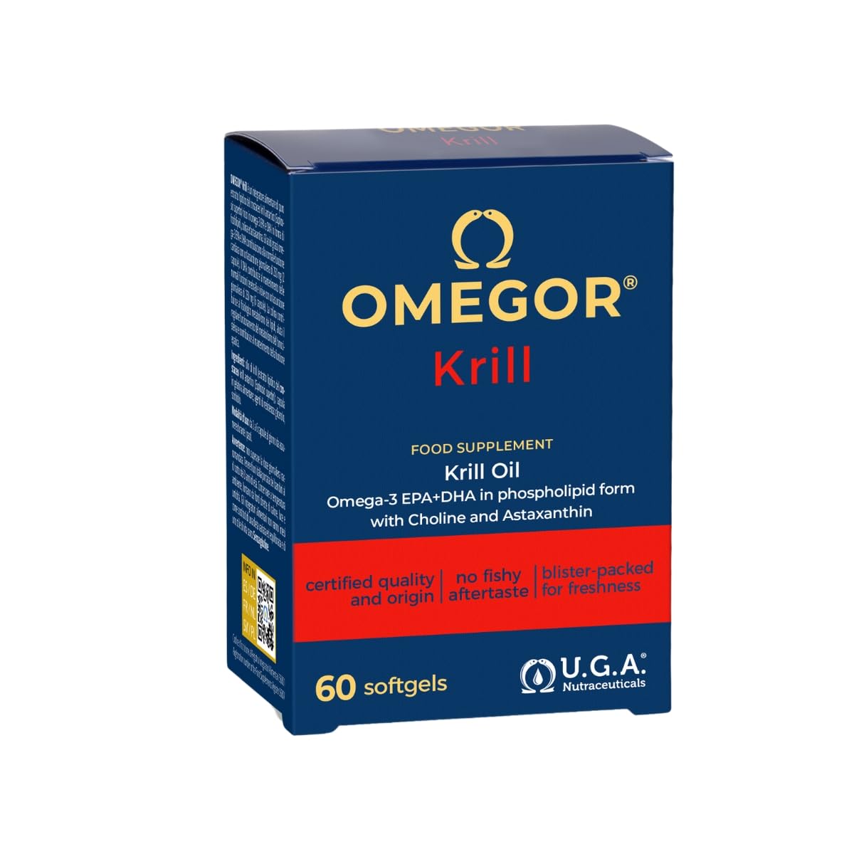 Olio di Krill Omega 3 Puro - OMEGOR Krill 60 Capsule Ricco di Omega-3 EPA e DHA - Senza Retrogusto e Facile da Digerire