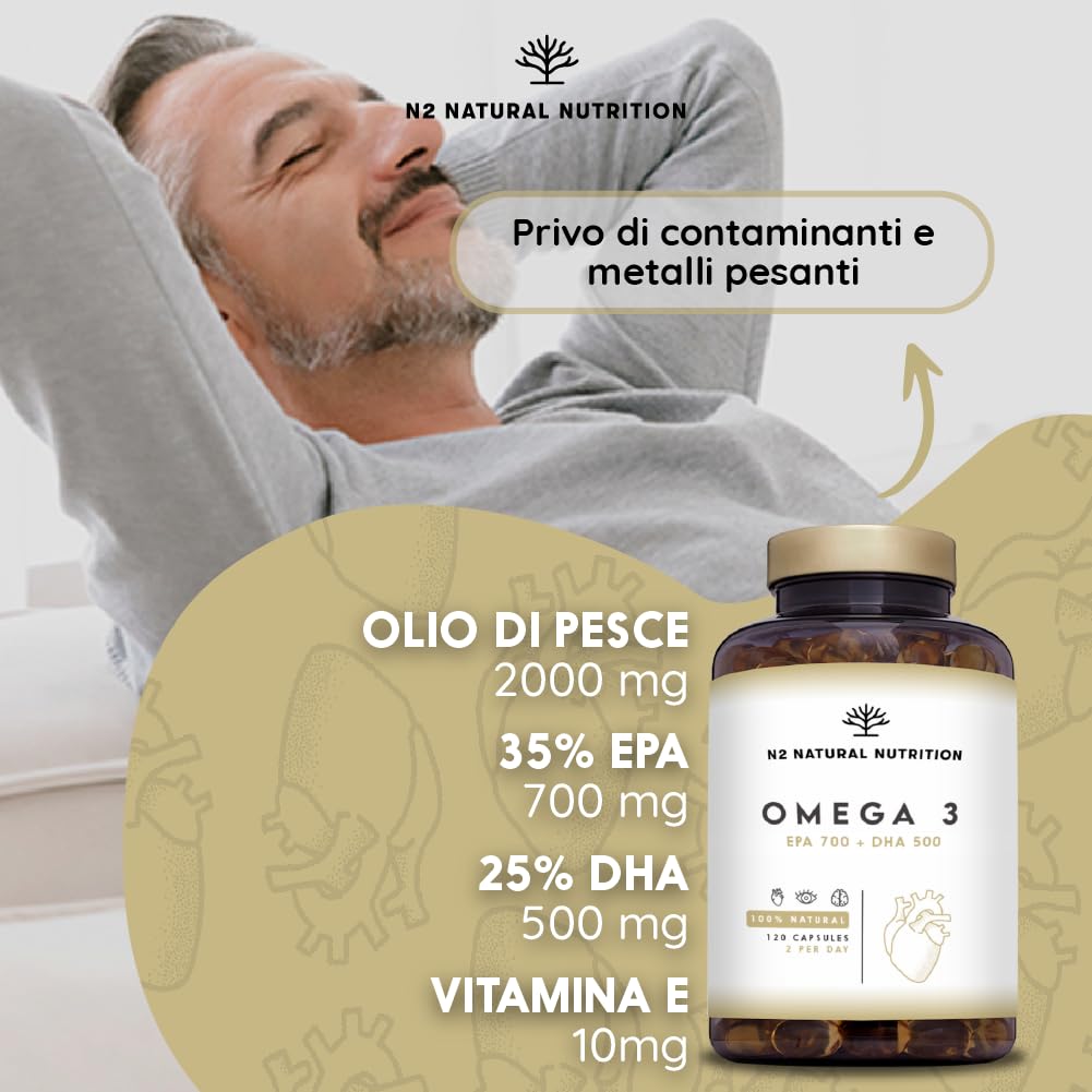 Omega 3 Olio di Pesce 2000 mg. 700 mg EPA e 500 mg DHA Alto Dosaggio. Integratore Omega 3 con Vitamina E. Vista, Cervello e Cuore. 120 Softgel di Fish Oil. N2 Natural Nutrition