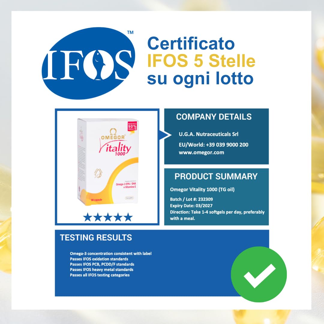 Omega 3 IFOS 5 Stelle 90 cps - Olio di Pesce Omega 3 1000mg - Ricco di EPA e DHA - Senza Retrogusto, Facile da Digerire, Privo di Metalli Pesanti
