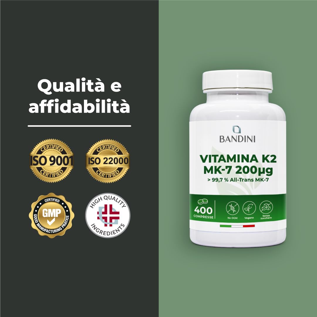 Bandini® Vitamina K2 MK7 200µg | 400 Compresse | Menachinone ad Alto Dosaggio | Vit K 2 MK-7 200 mcg | Contribuisce al Mantenimento di Ossa Normali, 100% Vegan, Senza OGM | Vitamina K Qualità Italiana