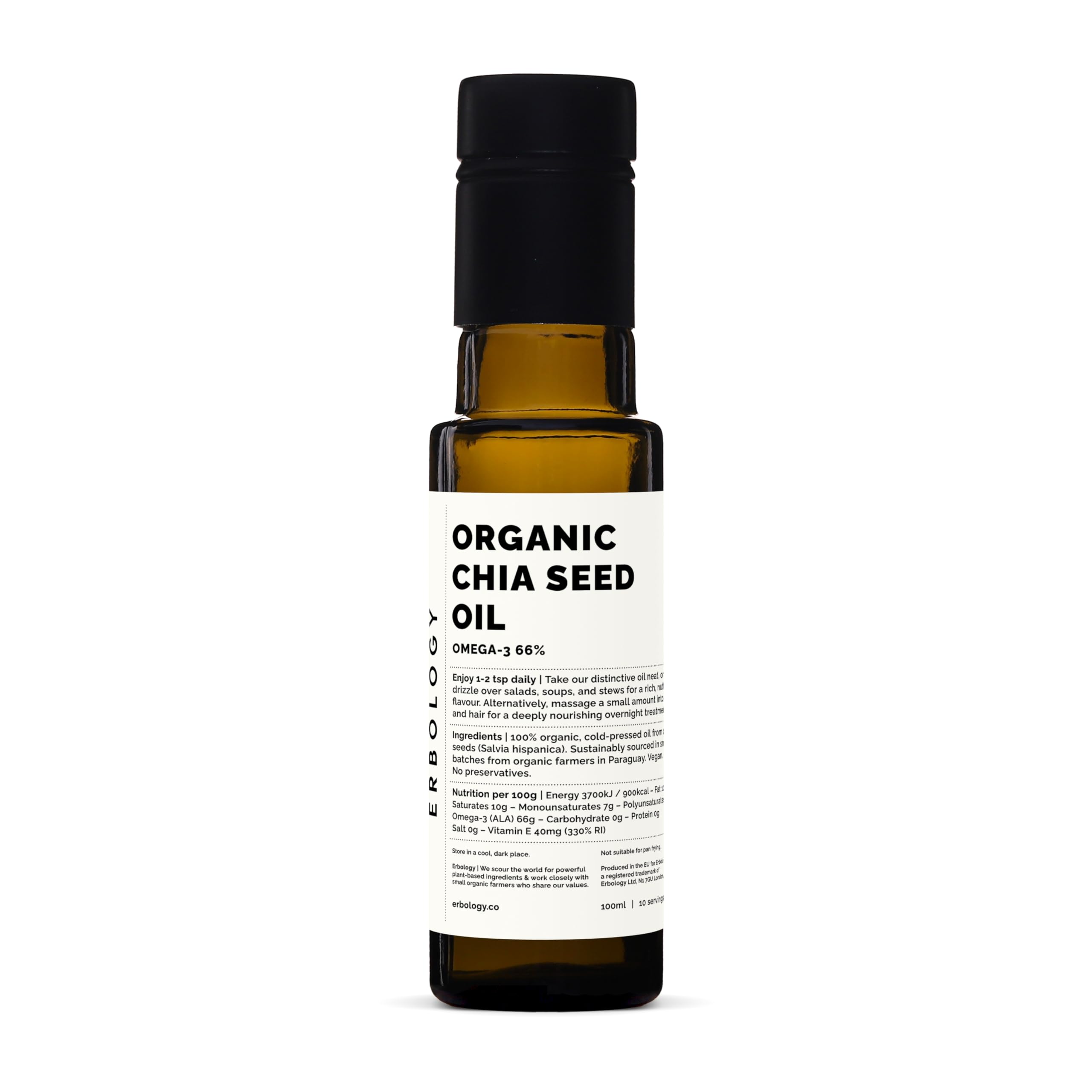 Erbology Olio di Semi di Chia Bio 100ml - Spremuto a Freddo - Ricco di Omega-3 (66%) e Vitamina E (330% VNR) - Direttamente dalla Fattoria - Senza OGM - Senza Additivi o Conservanti