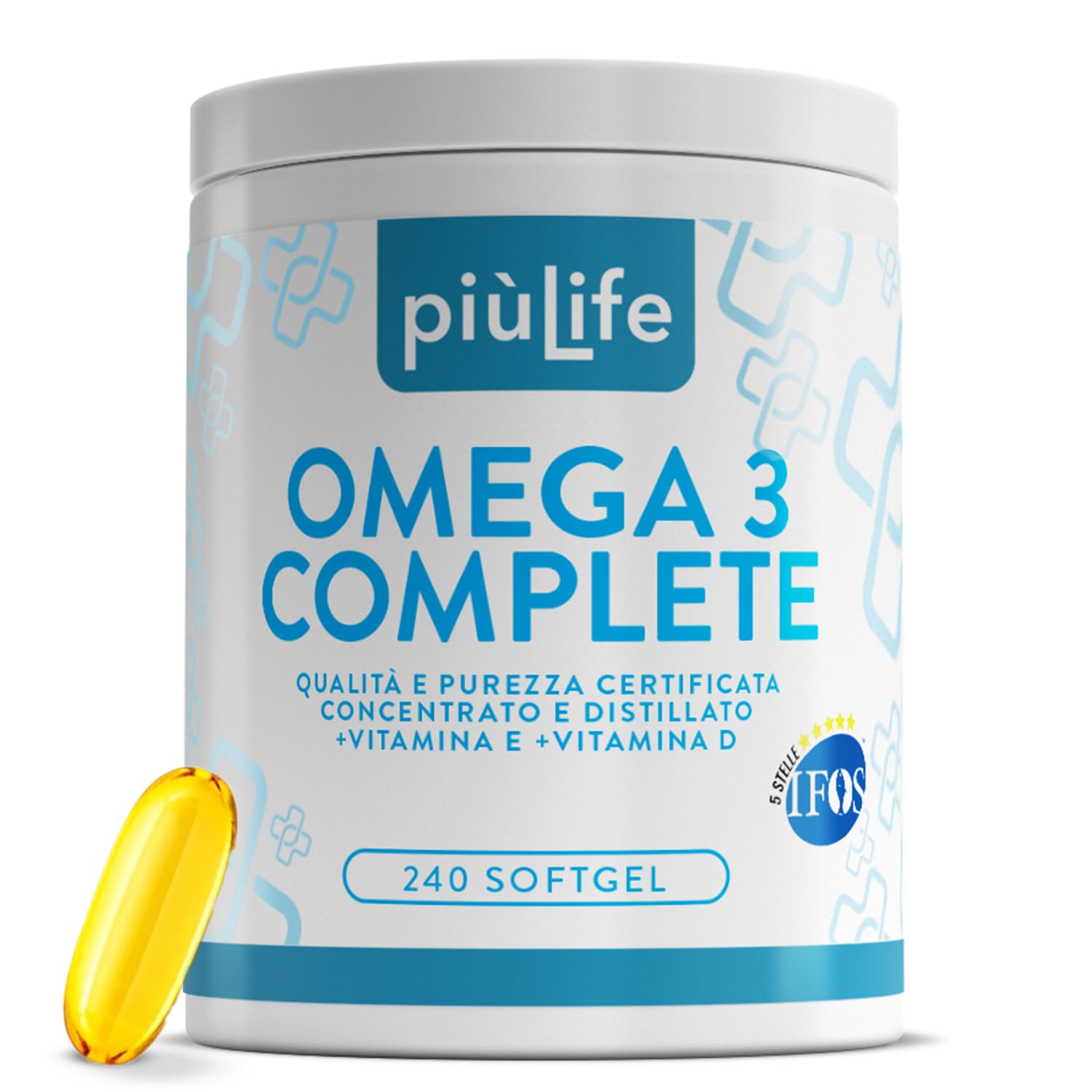 Omega 3 IFOS 5 Stelle Certificato Con Vitamina D3 2000 UI PiùLife, 240 Softgel 2000mg EPA, 1000mg DHA Dose, Olio di Pesce Omega 3 Capsule Fish Oil, Trigliceridi, Cuore, Vista, Ossa, Cervello