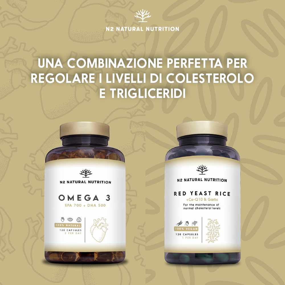 Omega 3 Olio di Pesce 2000 mg. 700 mg EPA e 500 mg DHA Alto Dosaggio. Integratore Omega 3 con Vitamina E. Vista, Cervello e Cuore. 120 Softgel di Fish Oil. N2 Natural Nutrition