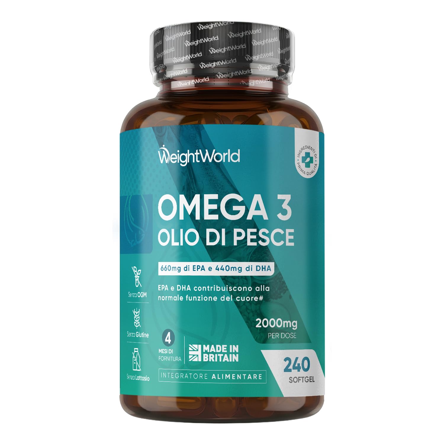 Omega 3 Olio di Pesce da 2000mg, 660mg EPA e 440mg DHA, Integratore Omega3 Fish Oil e Acidi Grassi Essenziali in 240 Softgel (4 Mesi), EPA e DHA Contribuiscono alla Normale Funzione del Cuore (EFSA)