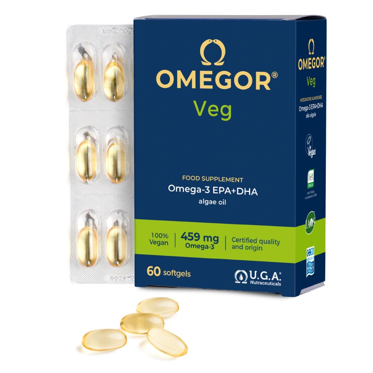 Omega 3 Vegan OMEGOR Veg - Omega3 Vegetale IFOS 5 Stelle e Vegan Society da Olio di Alghe con Vitamina E - 250mg DHA e 125mg EPA (60 Capsule)