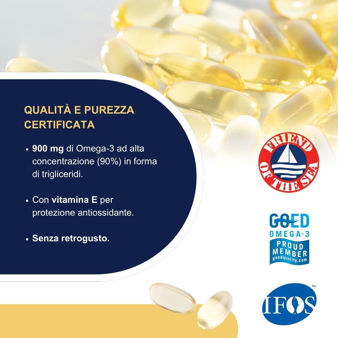 Omega 3 IFOS 5 Stelle 90 cps - Olio di Pesce Omega 3 1000mg - Ricco di EPA e DHA - Senza Retrogusto, Facile da Digerire, Privo di Metalli Pesanti