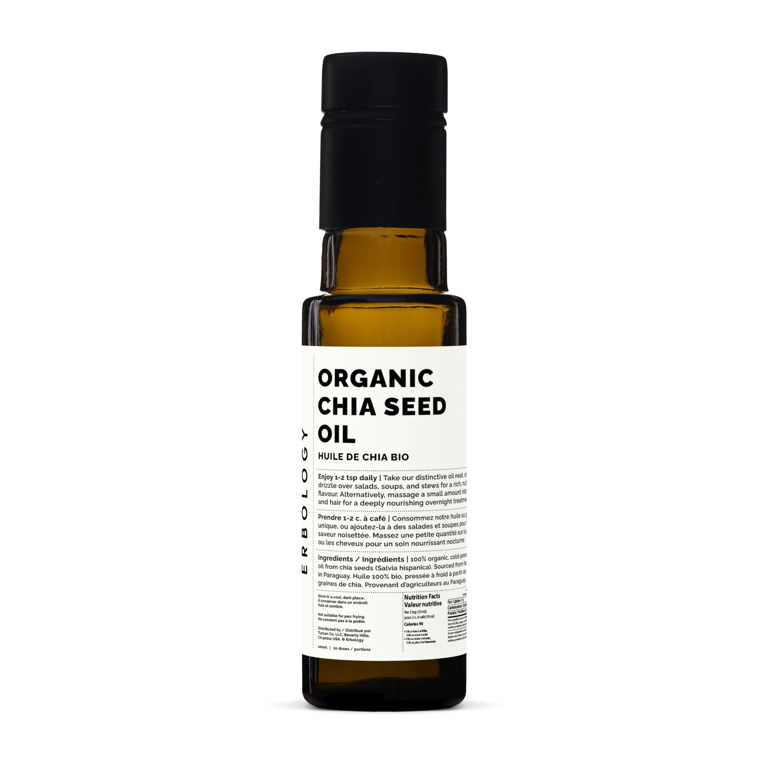 Erbology Olio di Semi di Chia Bio 100ml - Spremuto a Freddo - Ricco di Omega-3 (66%) e Vitamina E (330% VNR) - Direttamente dalla Fattoria - Senza OGM - Senza Additivi o Conservanti