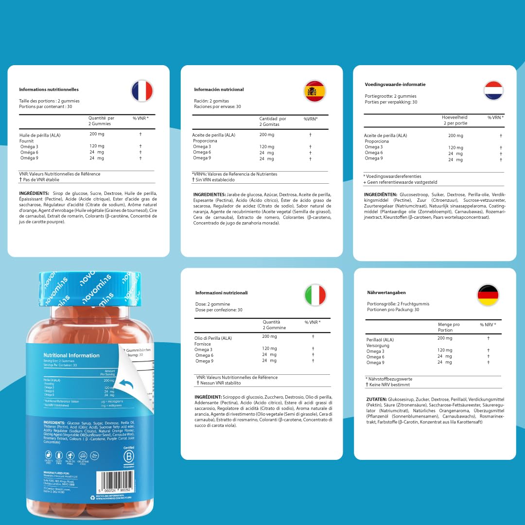 Gommose Omega 3 6 9 - Fornitura 1 Mese – Integratore Multivitaminico per Cuore Mente Occhi - Per Vegani e Vegetariani - Omega 3 6 9 Masticabile – Alternativa Vegan Olio di Pesce - Novomins