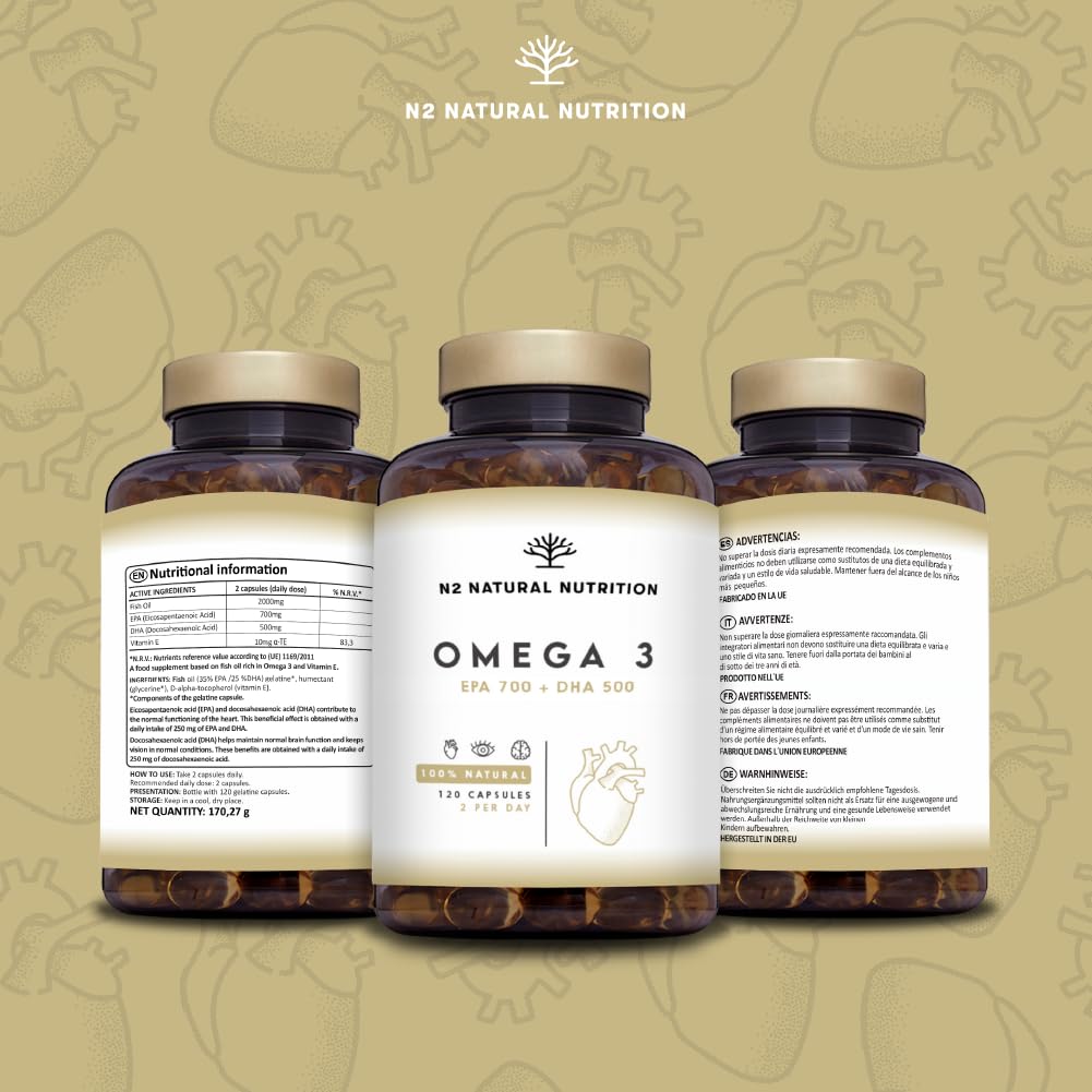 Omega 3 Olio di Pesce 2000 mg. 700 mg EPA e 500 mg DHA Alto Dosaggio. Integratore Omega 3 con Vitamina E. Vista, Cervello e Cuore. 120 Softgel di Fish Oil. N2 Natural Nutrition