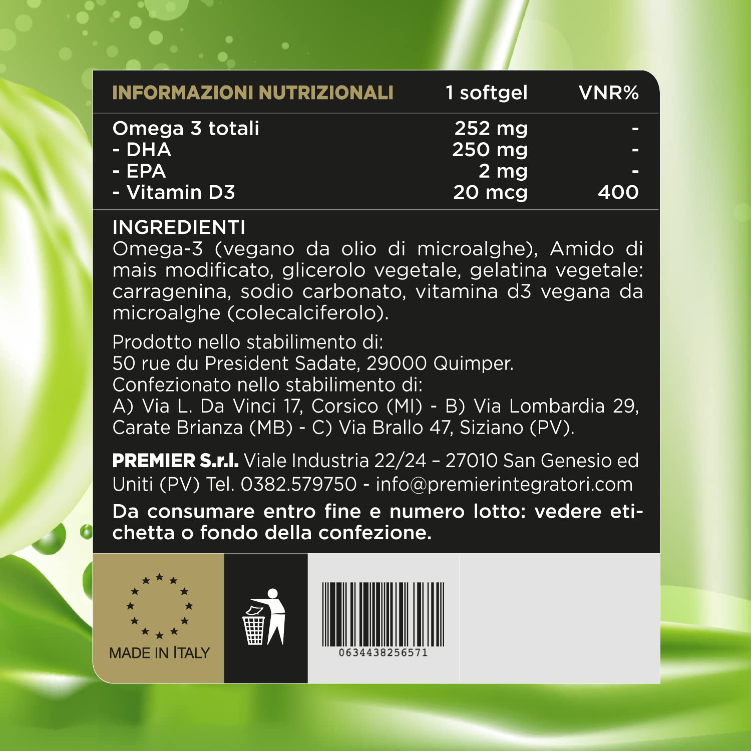 Premier Integratori Microalgae Immunity DHA EPA D3 Vegan Active - 60 perle | Integratore alimentare in perle di omega 3 epa-dha e vitamina d3 ottenuto da microalghe. 100% vegetale