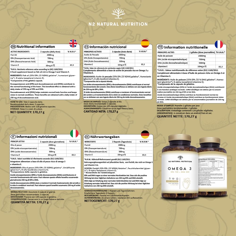 Omega 3 Olio di Pesce 2000 mg. 700 mg EPA e 500 mg DHA Alto Dosaggio. Integratore Omega 3 con Vitamina E. Vista, Cervello e Cuore. 120 Softgel di Fish Oil. N2 Natural Nutrition