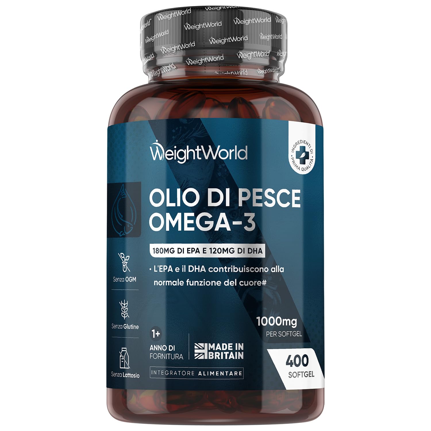 Omega 3 Olio di Pesce, 400 Softgel, (Fornitura 1+ Anno), 1 Softgel al Giorno, Omega3 Fonte di Acidi Grassi Essenziali, EPA e DHA Contribuiscono alla Normale Funzione del Cuore (EFSA), Fish Oil 1000mg