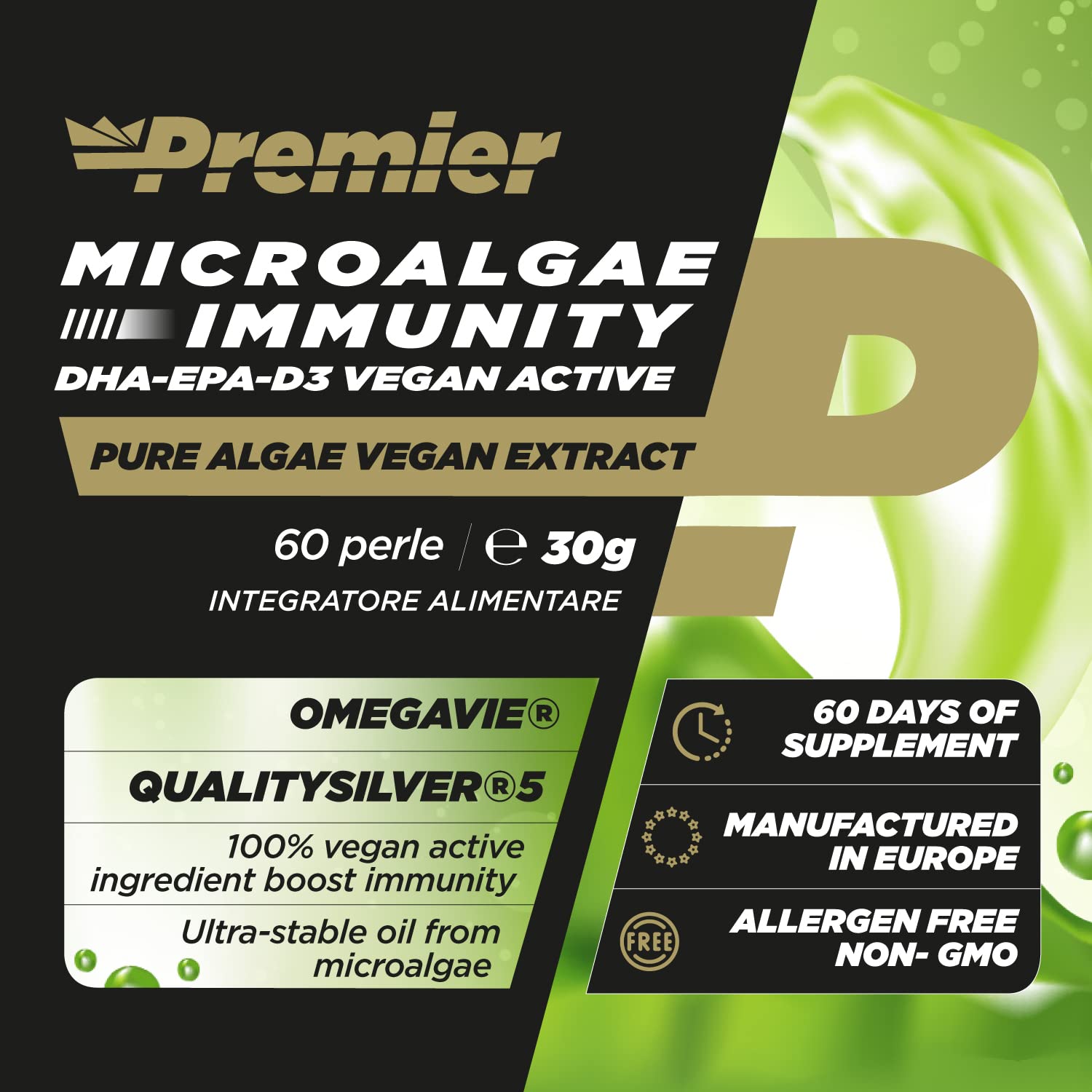 Premier Integratori Microalgae Immunity DHA EPA D3 Vegan Active - 60 perle | Integratore alimentare in perle di omega 3 epa-dha e vitamina d3 ottenuto da microalghe. 100% vegetale