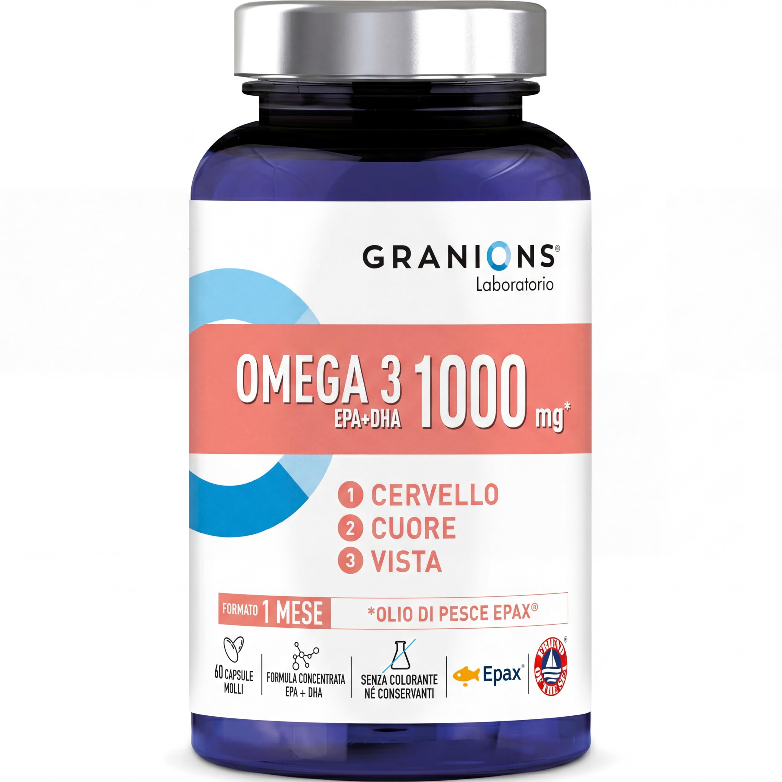OMEGA 3 1000 mg GRANIONS | Olio di Pesce Selvaggio EPAX – Alta concentrazione Omega 3 EPA DHA + Vitamina E – Integratore alimentare Omega-3 – Senza OGM, certificato Friend of the Sea – 60 capsule