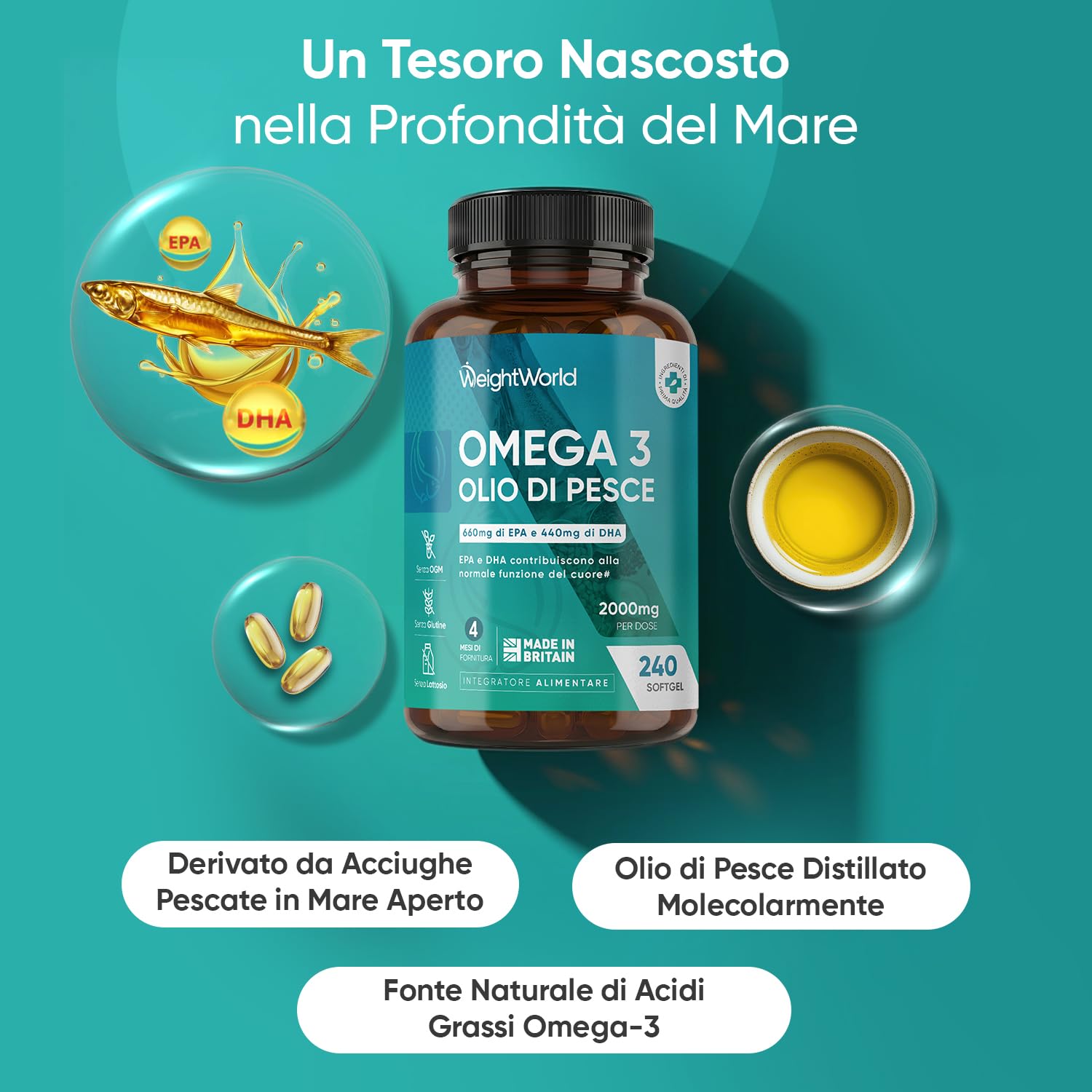 Omega 3 Olio di Pesce da 2000mg, 660mg EPA e 440mg DHA, Integratore Omega3 Fish Oil e Acidi Grassi Essenziali in 240 Softgel (4 Mesi), EPA e DHA Contribuiscono alla Normale Funzione del Cuore (EFSA)