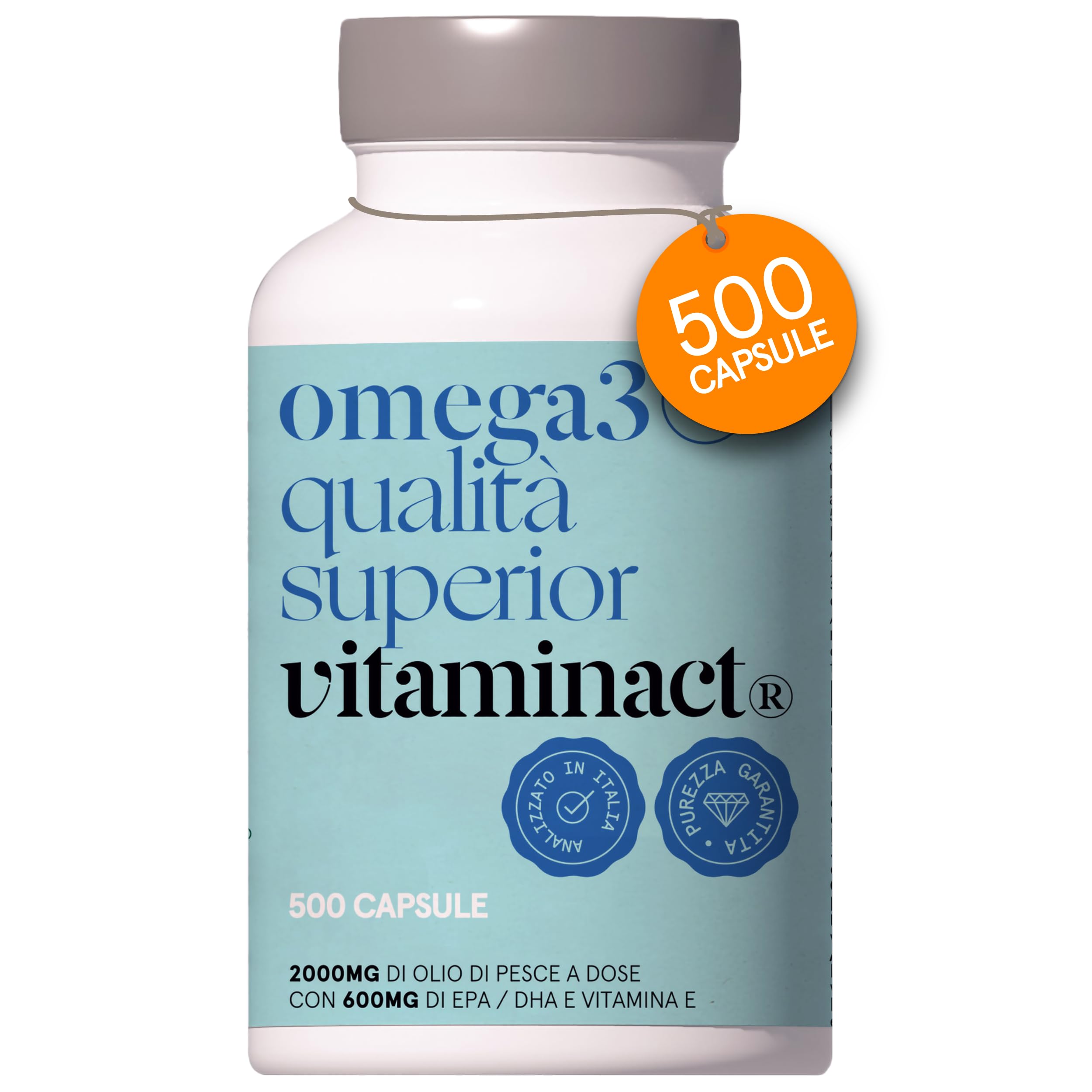 Omega 3-500 Capsule - 2000mg Di Olio Di Pesce Purissimo per Dose In Forma Trigliceride (TG) Per Un Assorbimento Del 70% In Più - 600mg di EPA e DHA per Dose – Con Vitamina E
