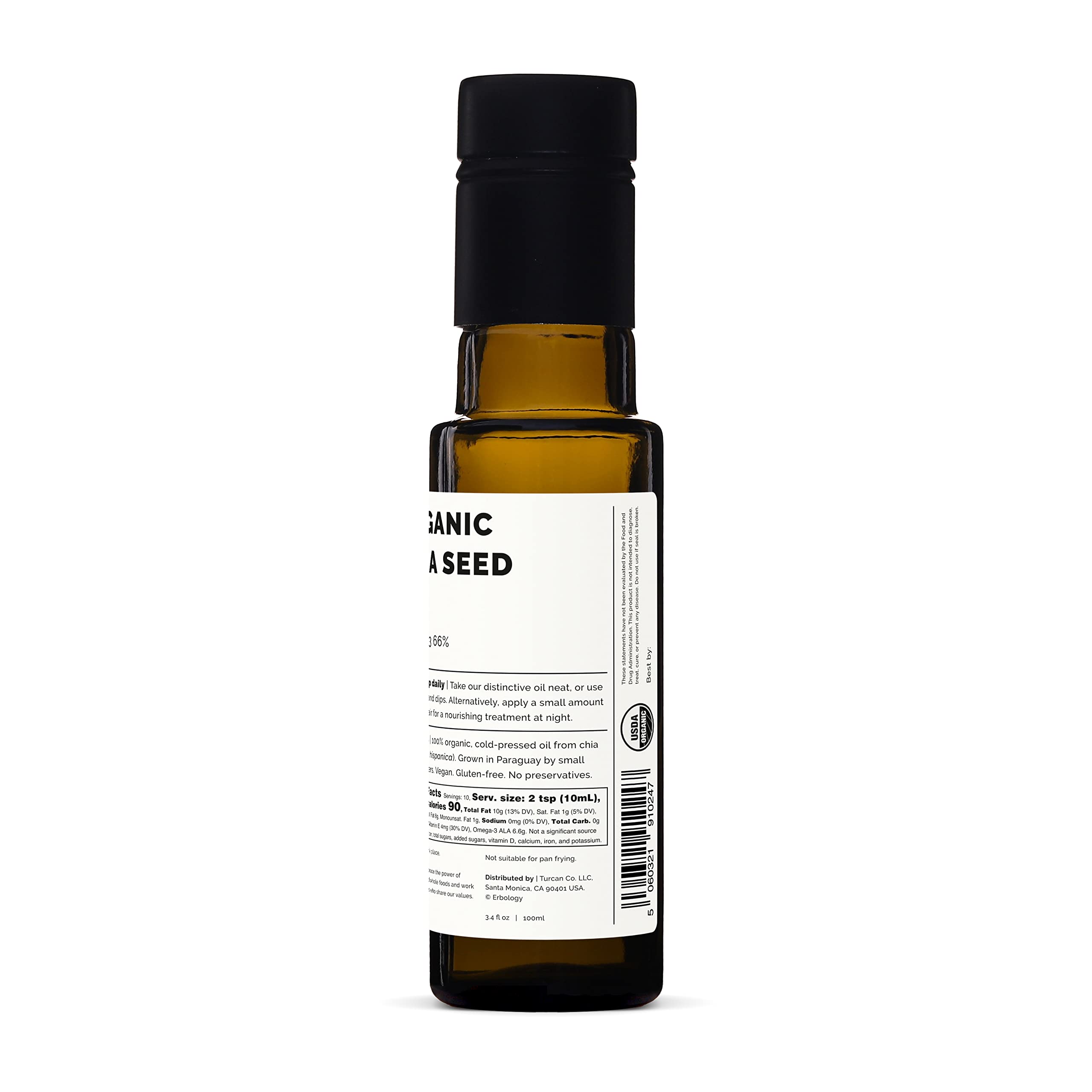 Erbology Olio di Semi di Chia Bio 100ml - Spremuto a Freddo - Ricco di Omega-3 (66%) e Vitamina E (330% VNR) - Direttamente dalla Fattoria - Senza OGM - Senza Additivi o Conservanti