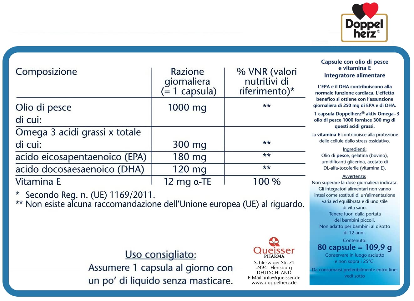 Omega-3 1000-80 Capsule | 300 mg Omega-3 (180 mg EPA + 120 mg DHA) | Olio di Pesce Purificato con Vitamina E | Integratore per Adulti per Cuore, Cervello e Vista - Doppelherz