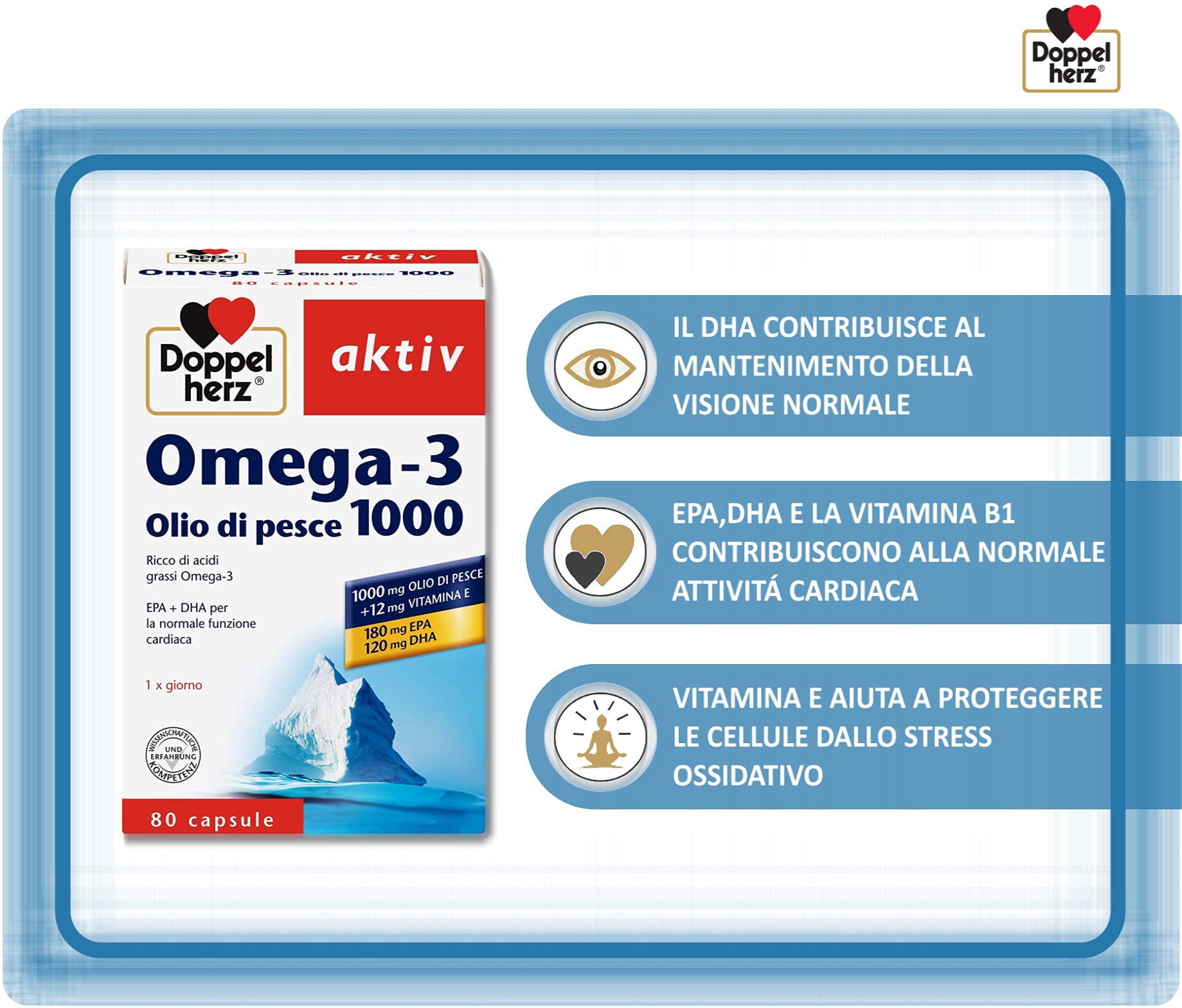 Omega-3 1000-80 Capsule | 300 mg Omega-3 (180 mg EPA + 120 mg DHA) | Olio di Pesce Purificato con Vitamina E | Integratore per Adulti per Cuore, Cervello e Vista - Doppelherz