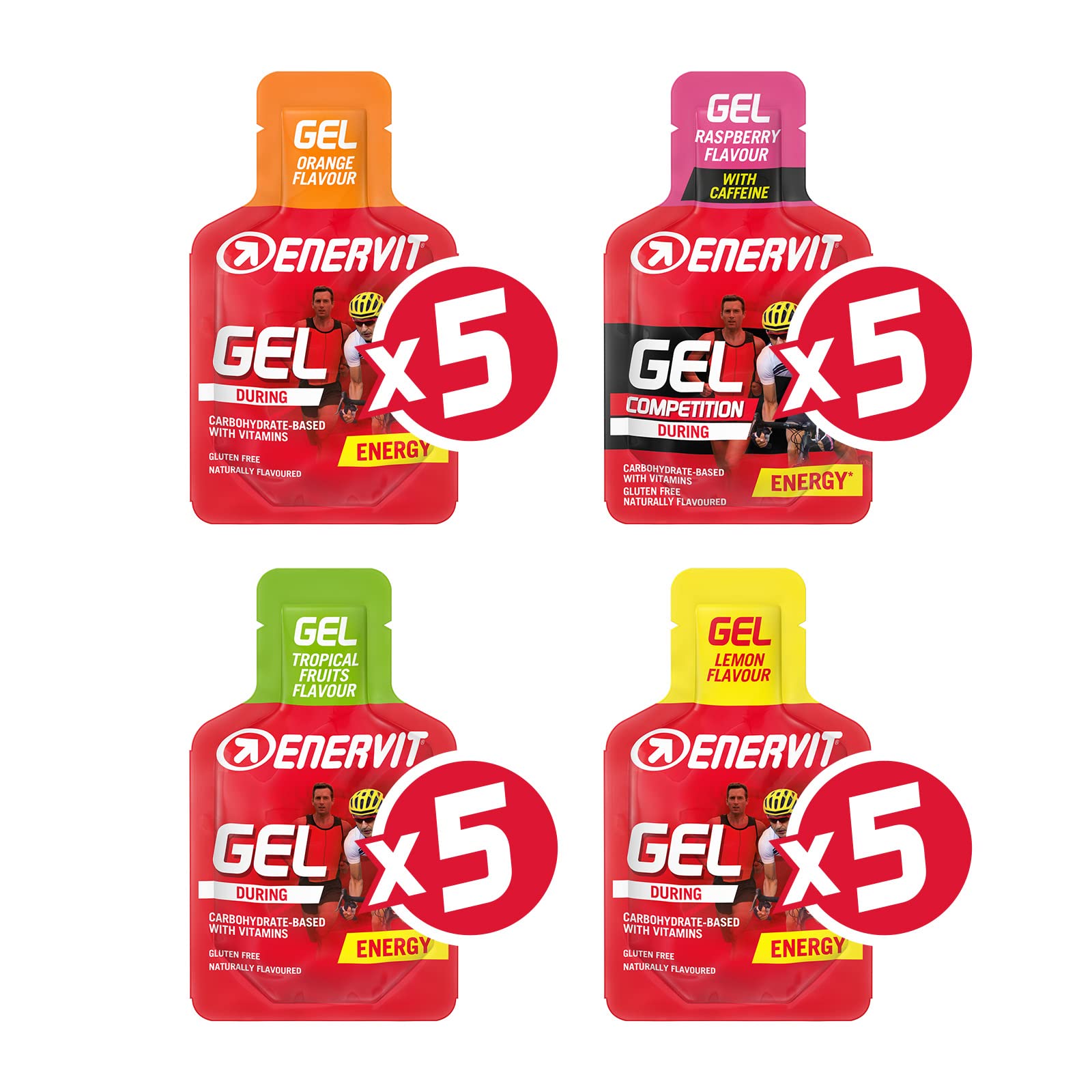 Enervit, Gel Energetico con Vitamine, Confezione Assortita da 20 Gel, 20g di Carboidrati, Adatti Durante Attività Sportiva di Lunga Durata, Alta Densità Energetica, Vegan, Senza Glutine, Pack da 25ml