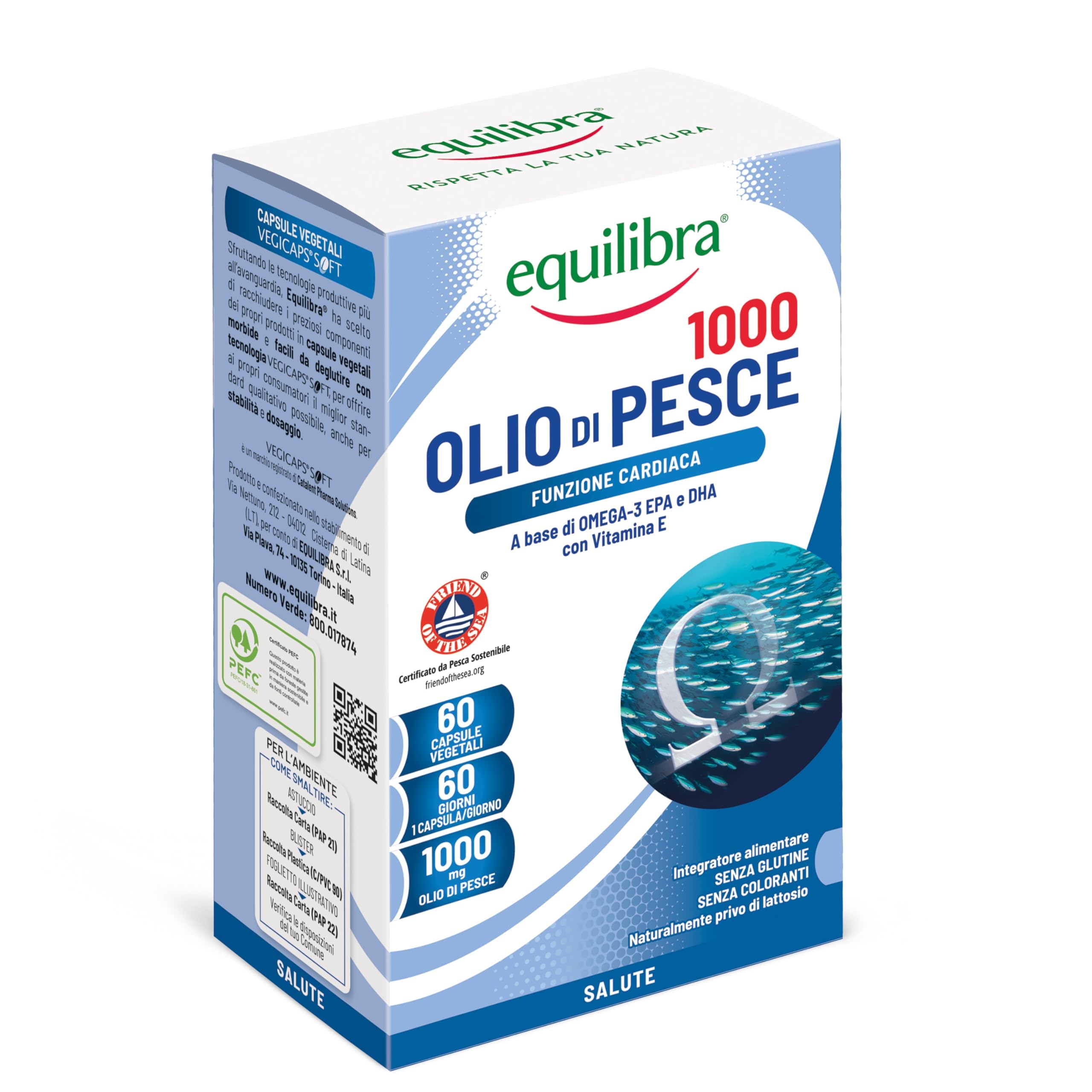 equilibra Integratori Alimentari, Olio di Pesce 1000, Integratore a Base Acidi Grassi Polinsaturi della Serie Omega-3 EPA e DHA, con Vitamina E, Normale Funzione Cardiaca, 60 Capsule Vegetali