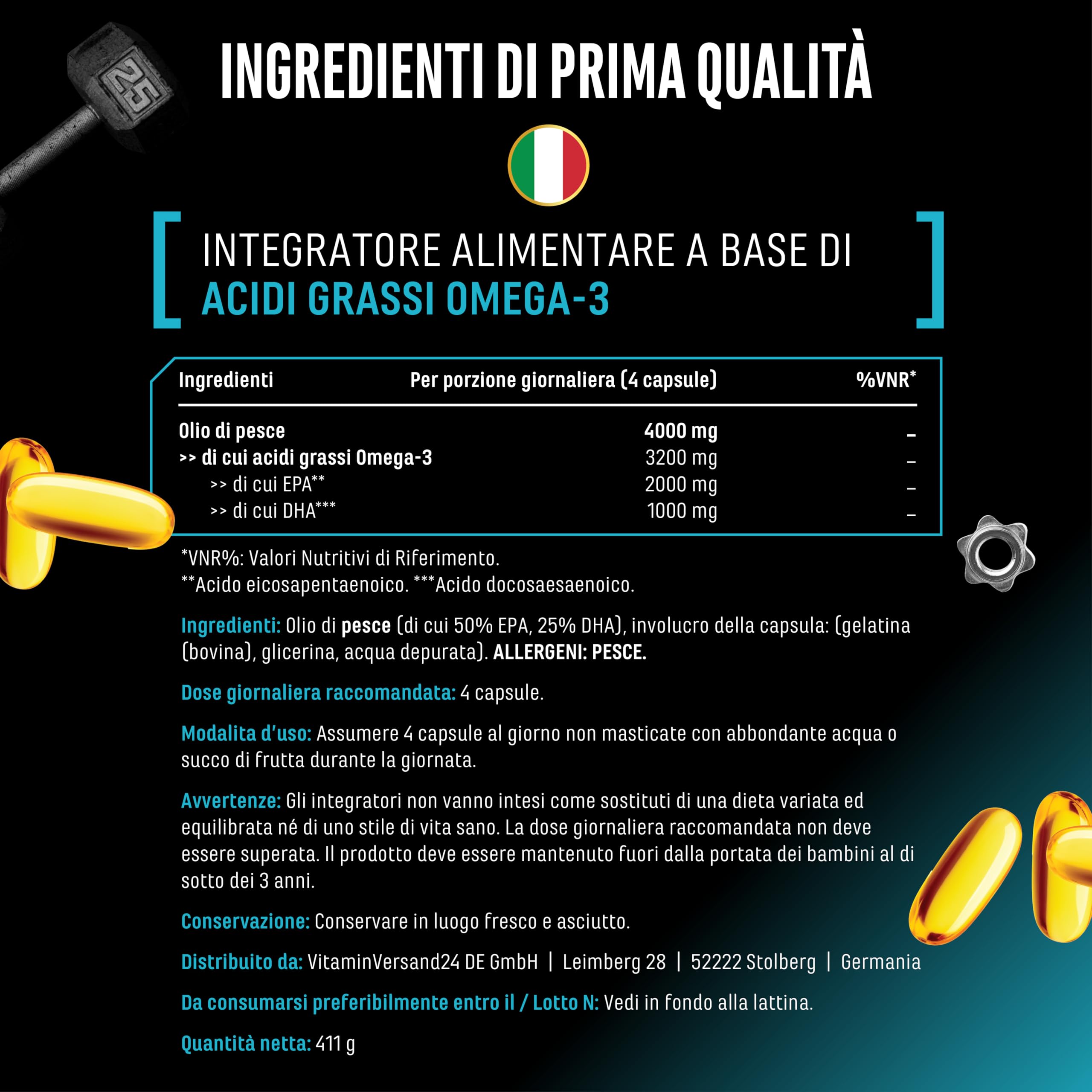 Omega 3 ad alto dosaggio con 4000 mg - 300 capsule - Olio di pesce con l'80% di acidi grassi di cui 2000 mg di EPA e 1000 mg di DHA - Forma naturale di trigliceridi - Elaboratamente purificato