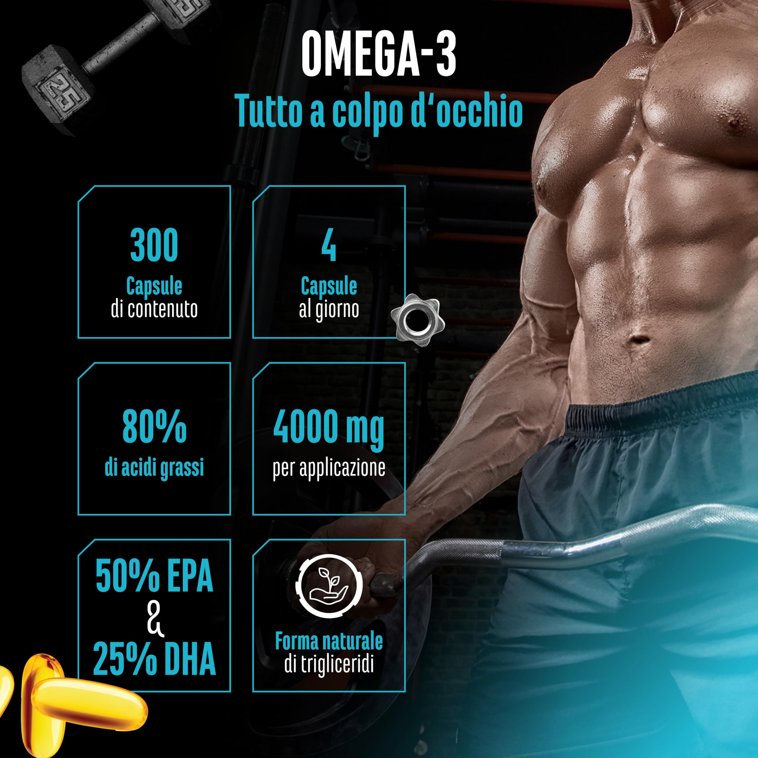 Omega 3 ad alto dosaggio con 4000 mg - 300 capsule - Olio di pesce con l'80% di acidi grassi di cui 2000 mg di EPA e 1000 mg di DHA - Forma naturale di trigliceridi - Elaboratamente purificato