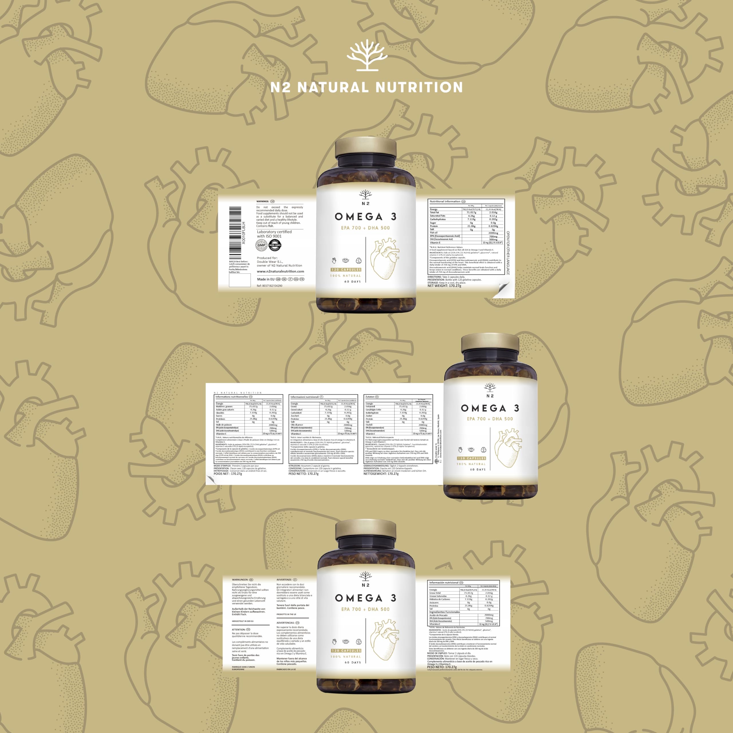 Omega 3 Olio di Pesce 2000 mg. 700 mg EPA e 500 mg DHA Alto Dosaggio. Integratore Omega 3 con Vitamina E. Vista, Cervello e Cuore. 120 Softgel di Fish Oil. N2 Natural Nutrition