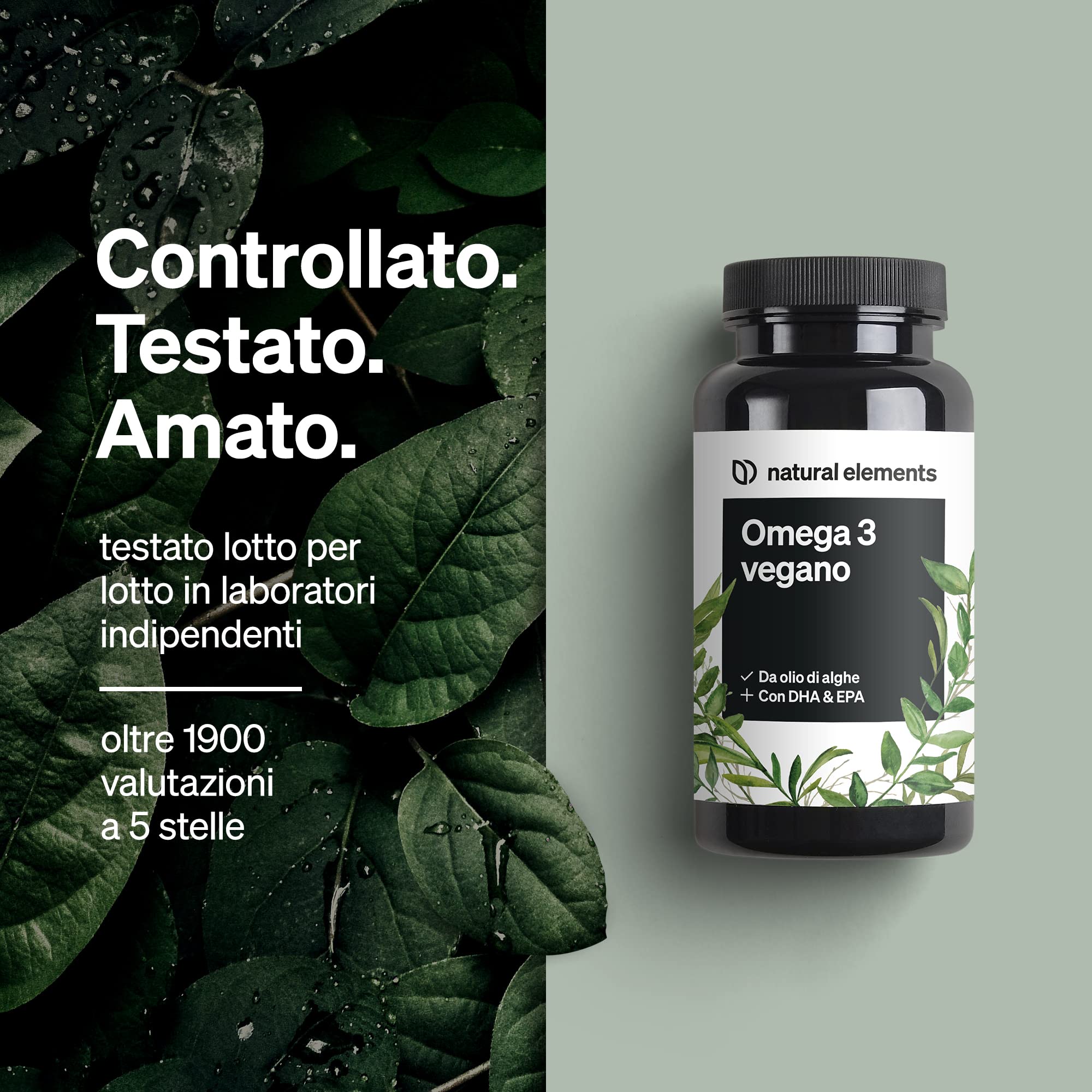 Omega 3 Vegan ad alta efficienza – 1444mg Olio di Alghe – Ad alto dosaggio con EPA & DHA di alta qualità – 90 Capsule – natural elements