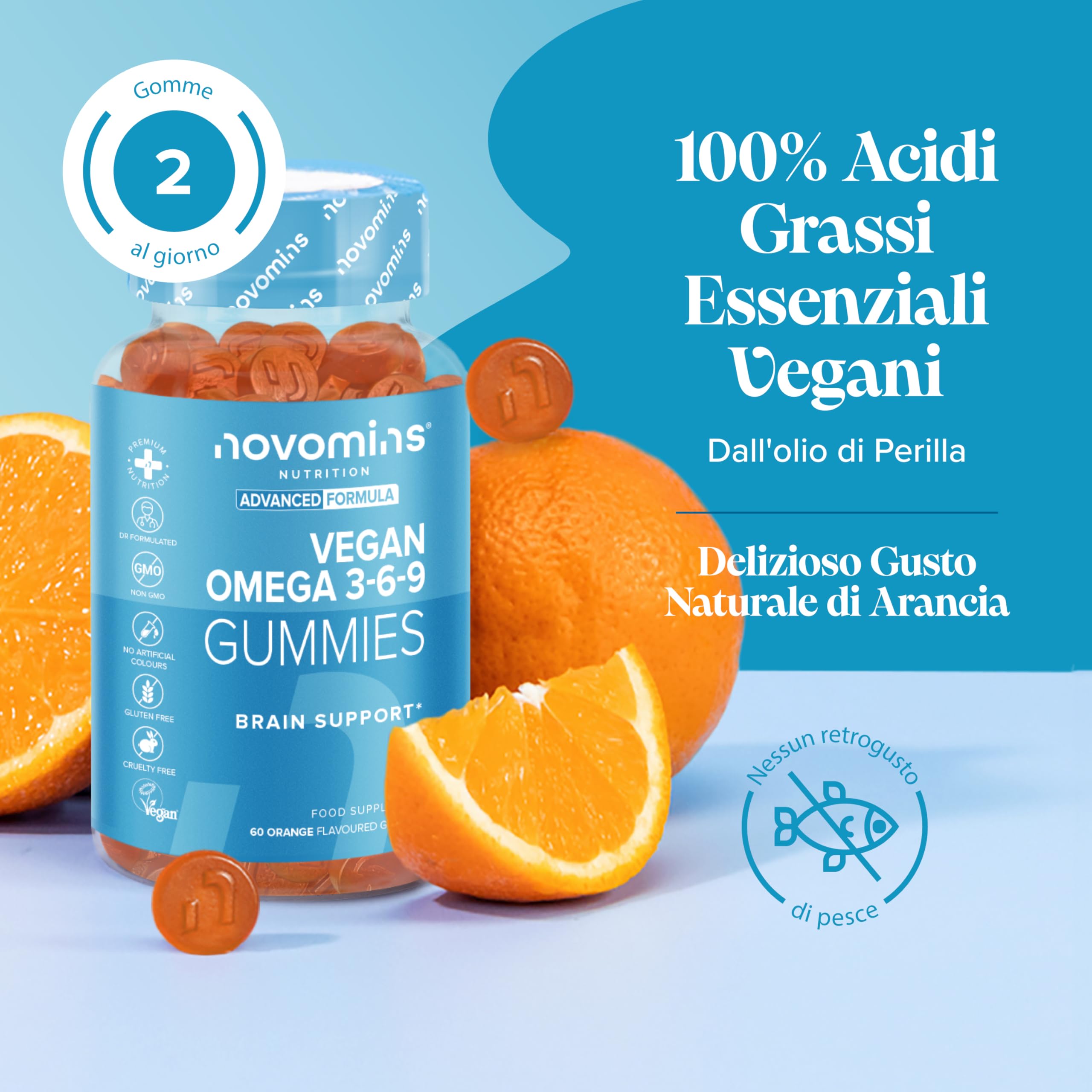 Gommose Omega 3 6 9 - Fornitura 1 Mese – Integratore Multivitaminico per Cuore Mente Occhi - Per Vegani e Vegetariani - Omega 3 6 9 Masticabile – Alternativa Vegan Olio di Pesce - Novomins
