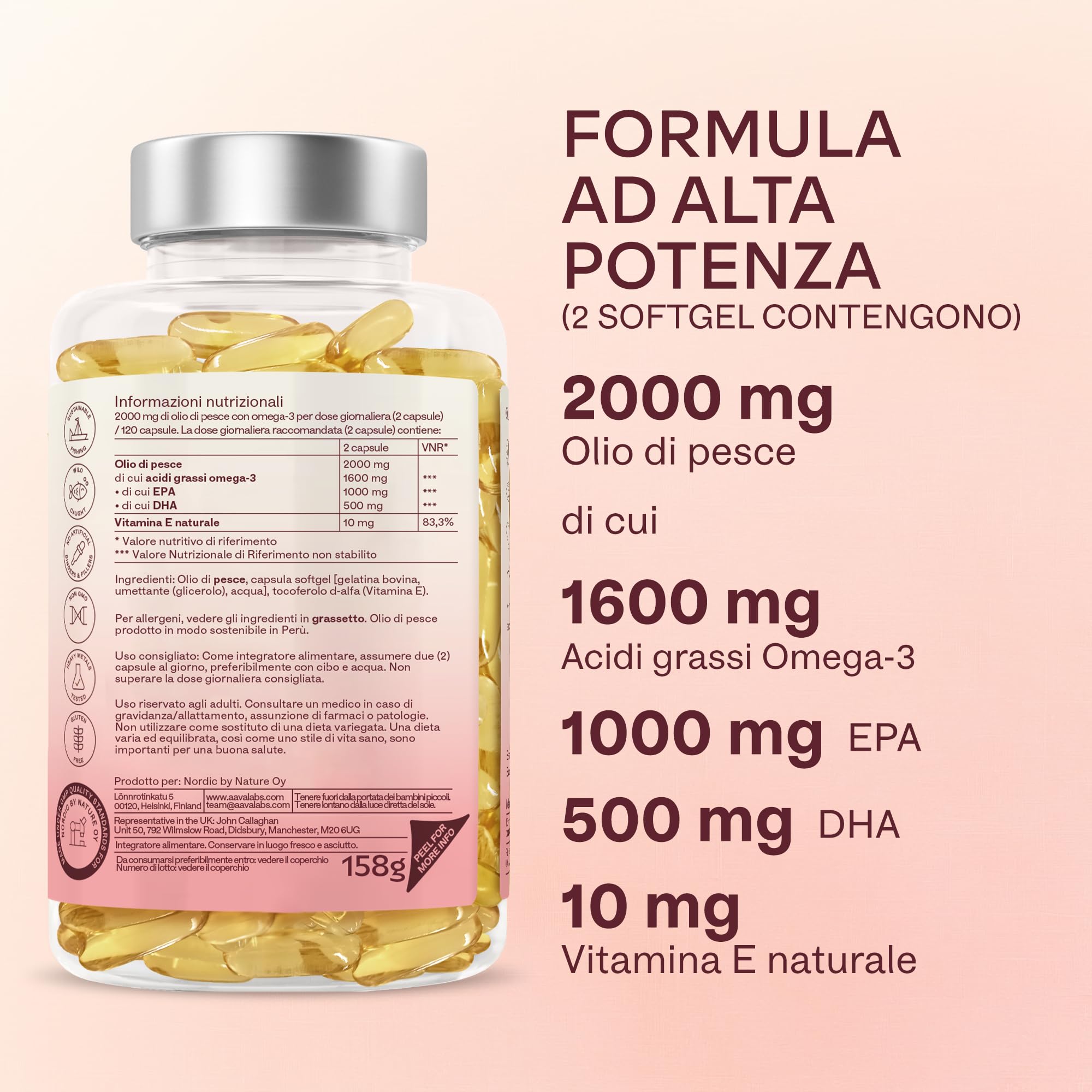 Omega 3 2000mg ad Alto Dosaggio - Olio di Pesce Omega 3 Capsule - Integratore Omega 3 1000mg EPA 500mg DHA per dose giornaliera (2 capsule) - Fish Oil Puro Non-OGM Fonte di Acidi Grassi - 120 softgel
