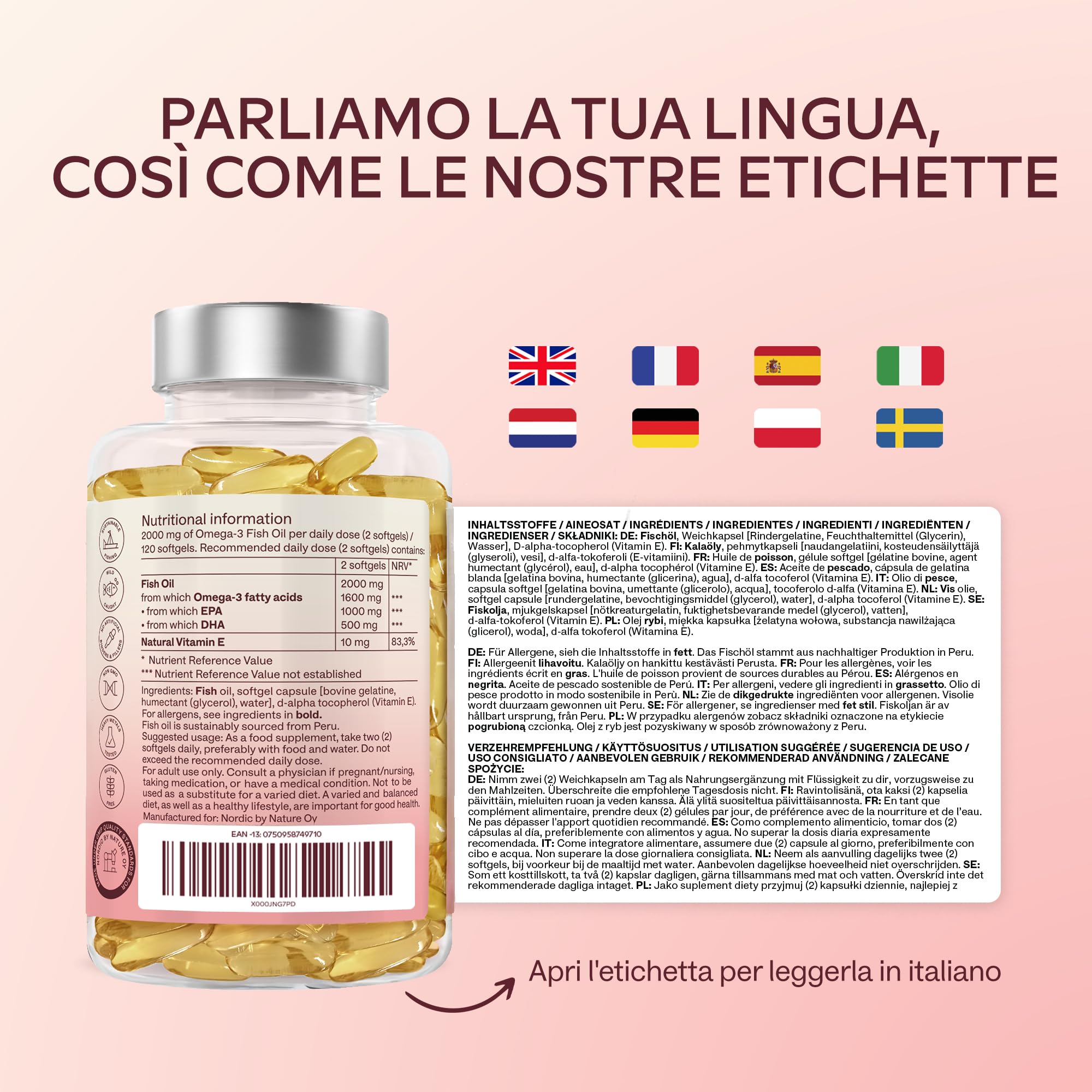 Omega 3 2000mg ad Alto Dosaggio - Olio di Pesce Omega 3 Capsule - Integratore Omega 3 1000mg EPA 500mg DHA per dose giornaliera (2 capsule) - Fish Oil Puro Non-OGM Fonte di Acidi Grassi - 120 softgel