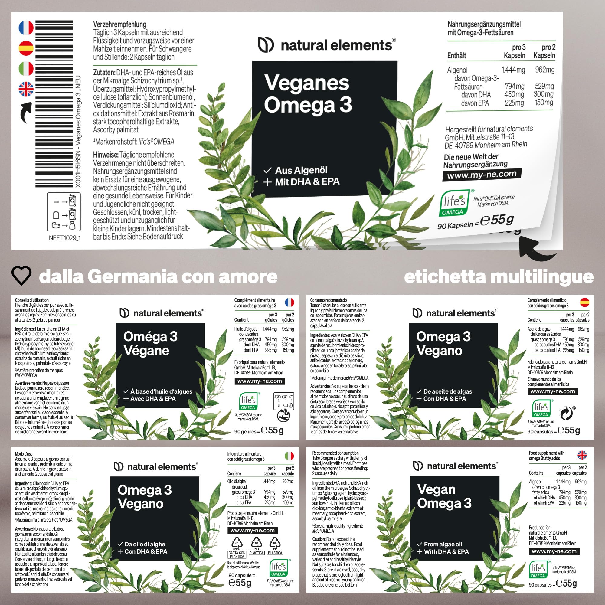 Omega 3 Vegan ad alta efficienza – 1444mg Olio di Alghe – Ad alto dosaggio con EPA & DHA di alta qualità – 90 Capsule – natural elements