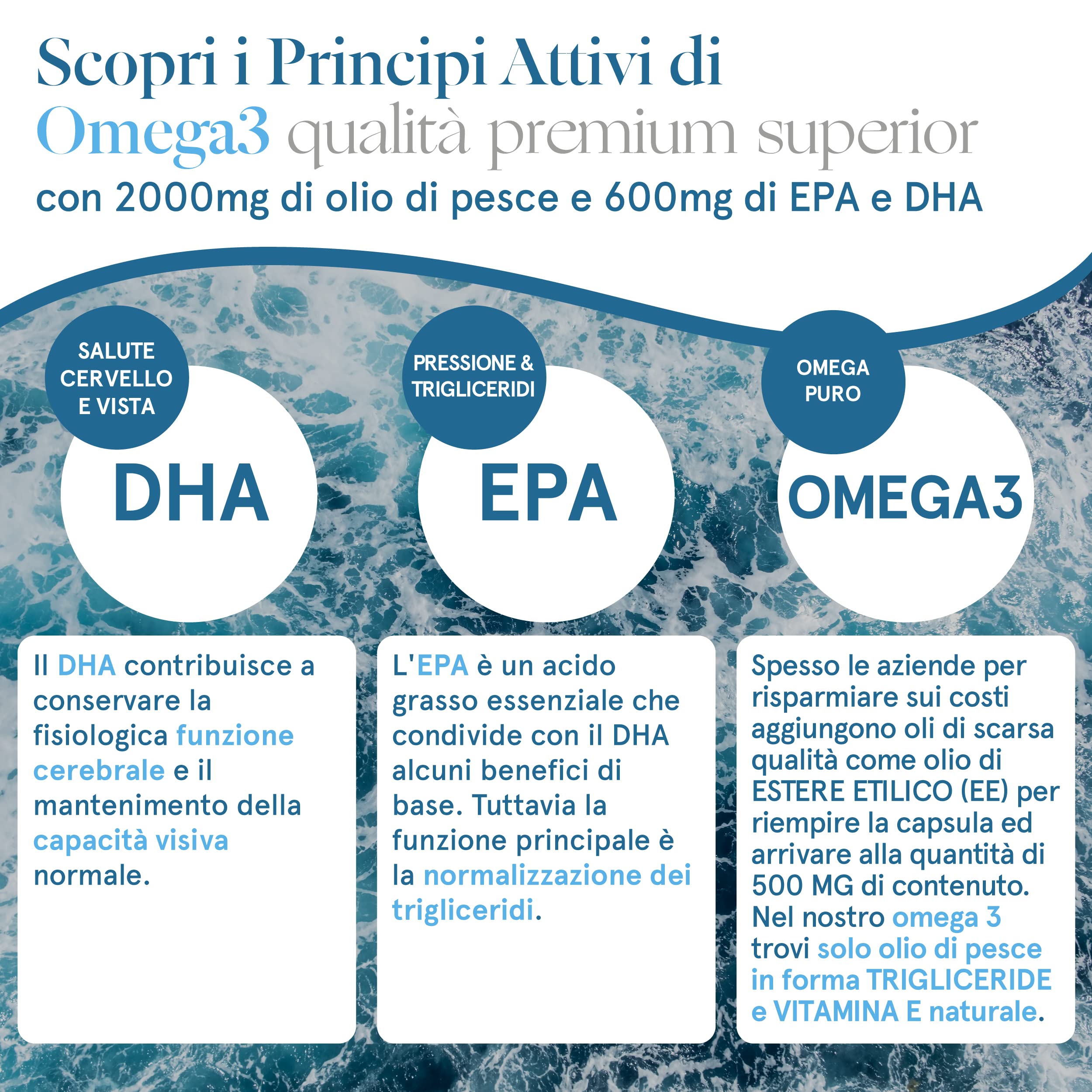 Omega 3-500 Capsule - 2000mg Di Olio Di Pesce Purissimo per Dose In Forma Trigliceride (TG) Per Un Assorbimento Del 70% In Più - 600mg di EPA e DHA per Dose – Con Vitamina E